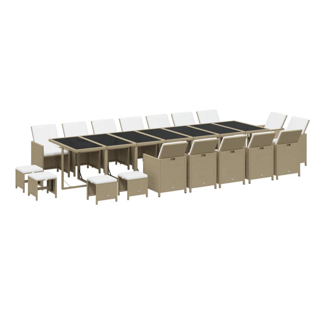 19 Pcs conjunto jantar p/ jardim c/ almofadões vime PE bege