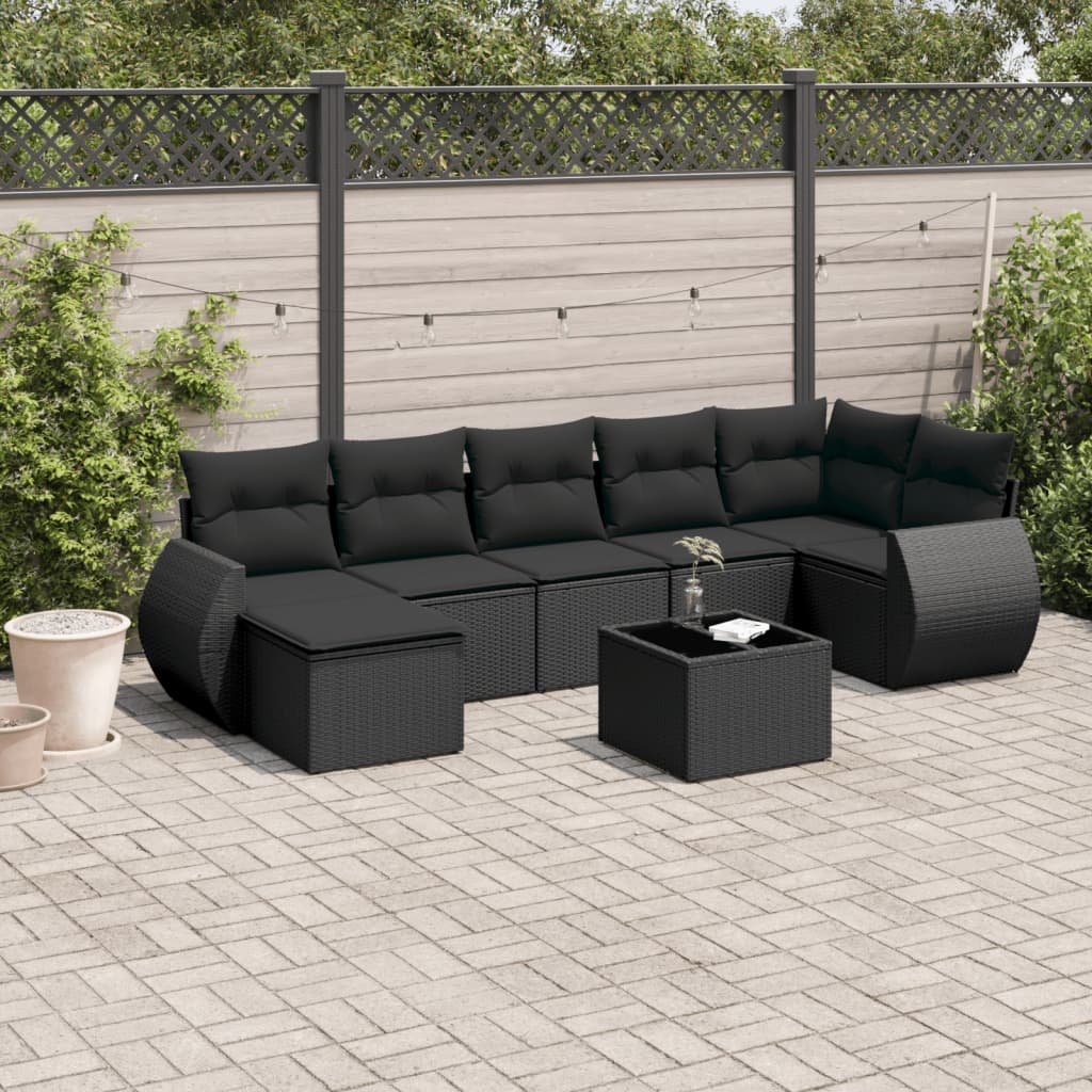 8 Pcs conjunto sofás de jardim com almofadões vime PE preto