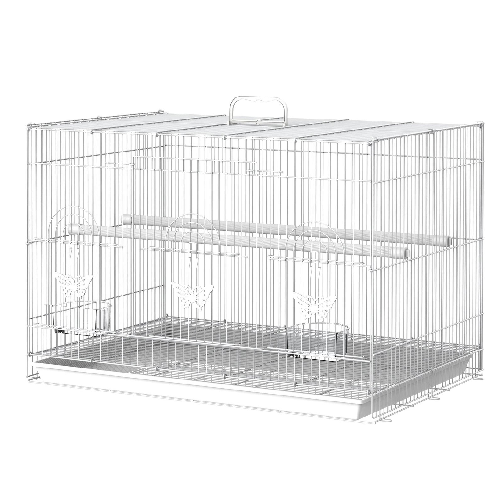 Gaiola para pássaros 60x41x41cm aviário com 2 poleiros e 3 portas para pássaros pequenos canários papagaios de metal branco