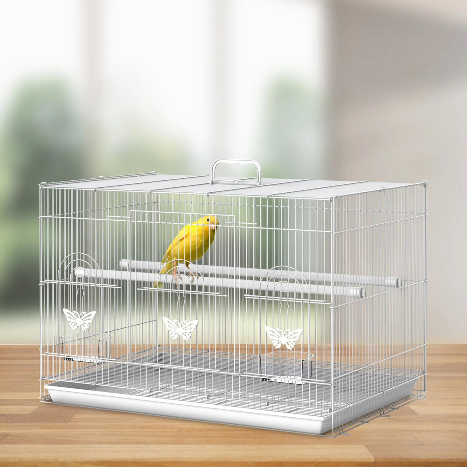 Gaiola para pássaros 60x41x41cm aviário com 2 poleiros e 3 portas para pássaros pequenos canários papagaios de metal branco
