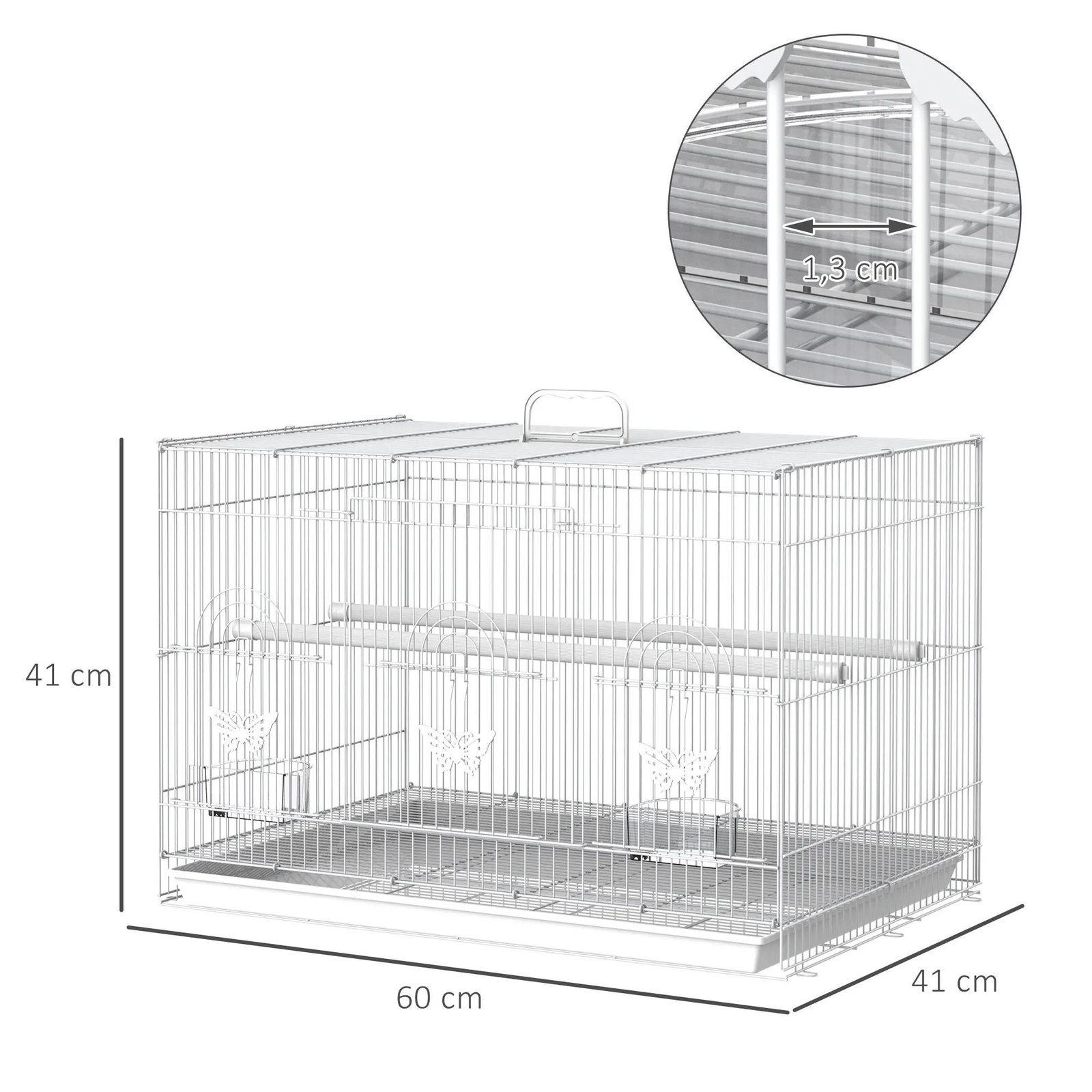 Gaiola para pássaros 60x41x41cm aviário com 2 poleiros e 3 portas para pássaros pequenos canários papagaios de metal branco
