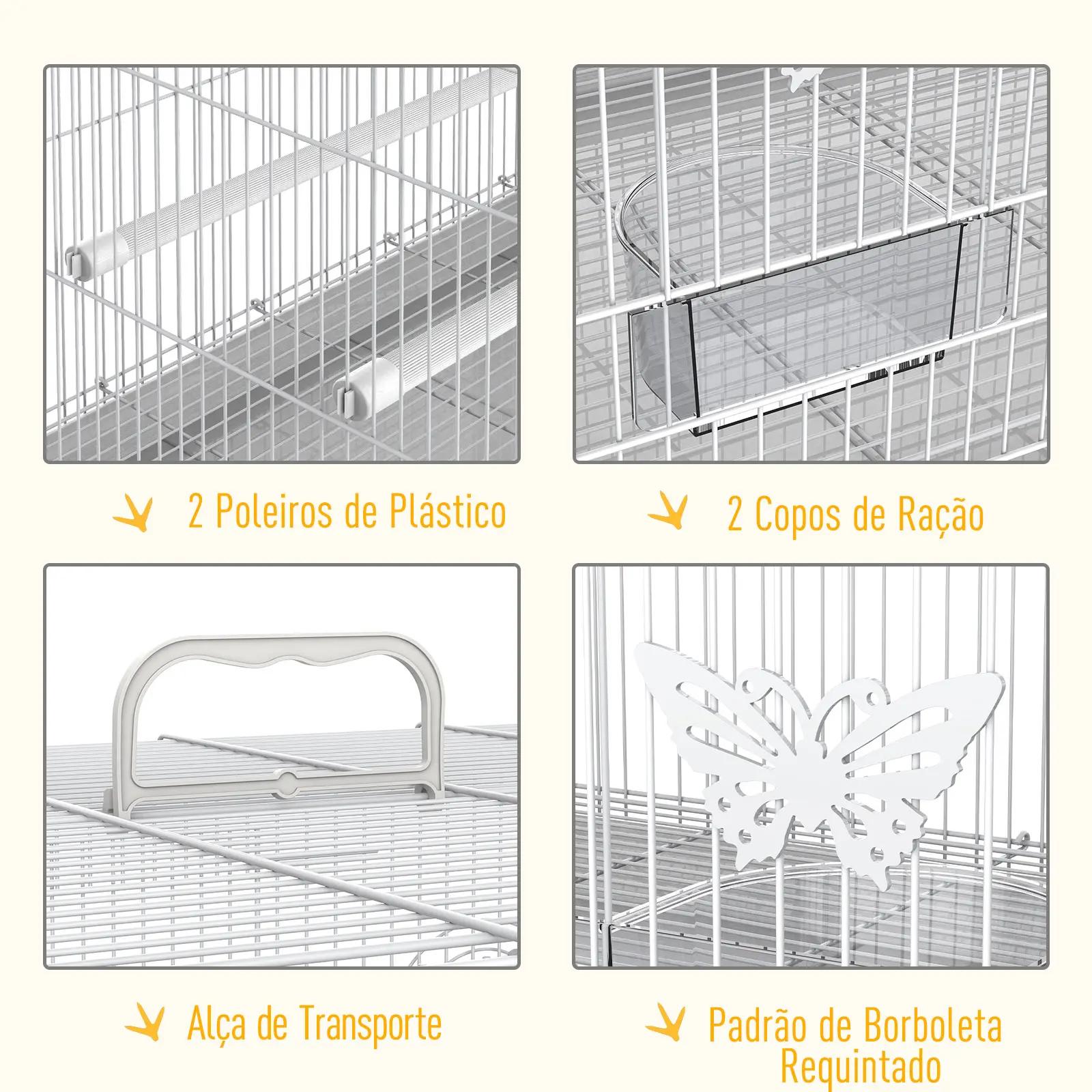 Gaiola para pássaros 60x41x41cm aviário com 2 poleiros e 3 portas para pássaros pequenos canários papagaios de metal branco