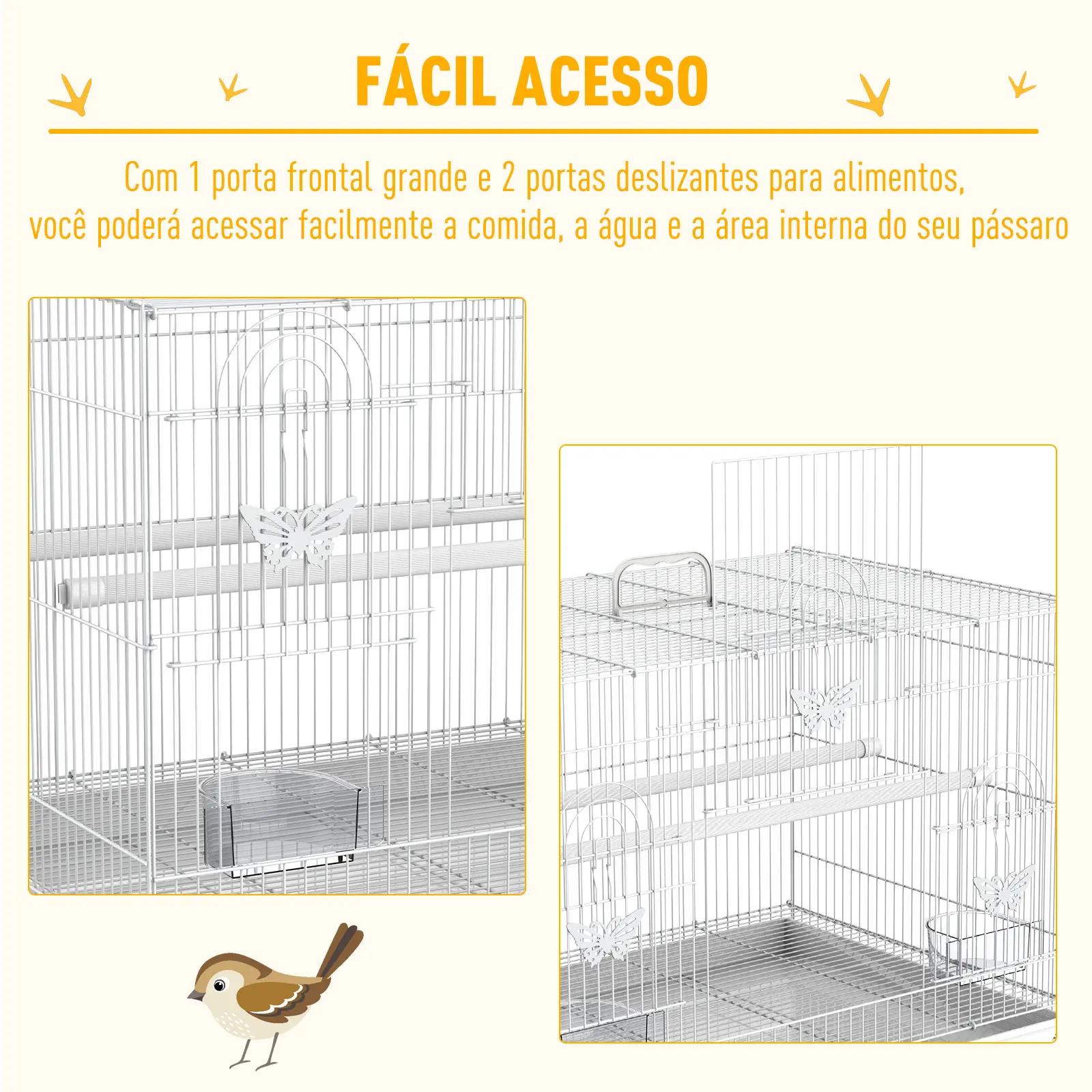 Gaiola para pássaros 60x41x41cm aviário com 2 poleiros e 3 portas para pássaros pequenos canários papagaios de metal branco