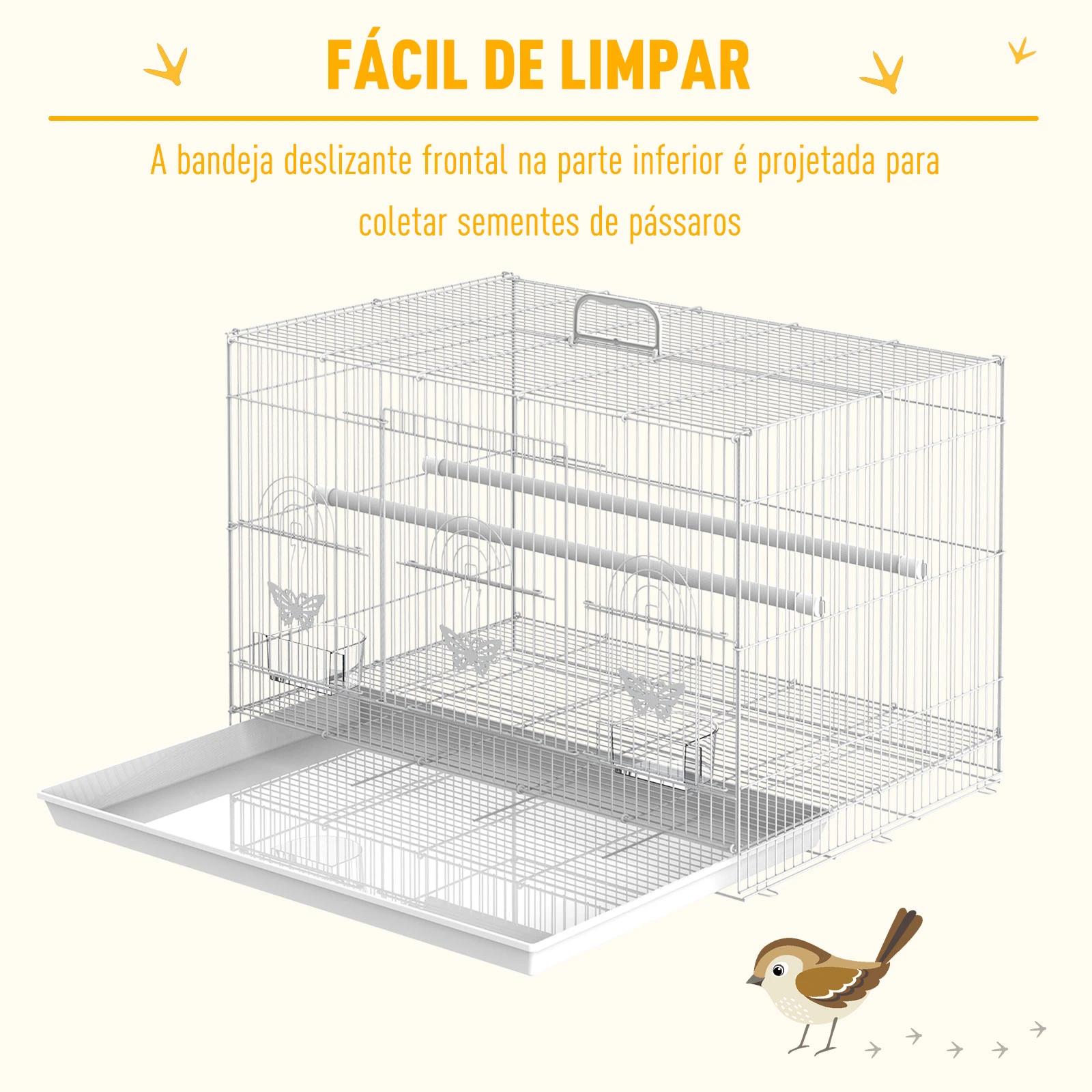 Gaiola para pássaros 60x41x41cm aviário com 2 poleiros e 3 portas para pássaros pequenos canários papagaios de metal branco