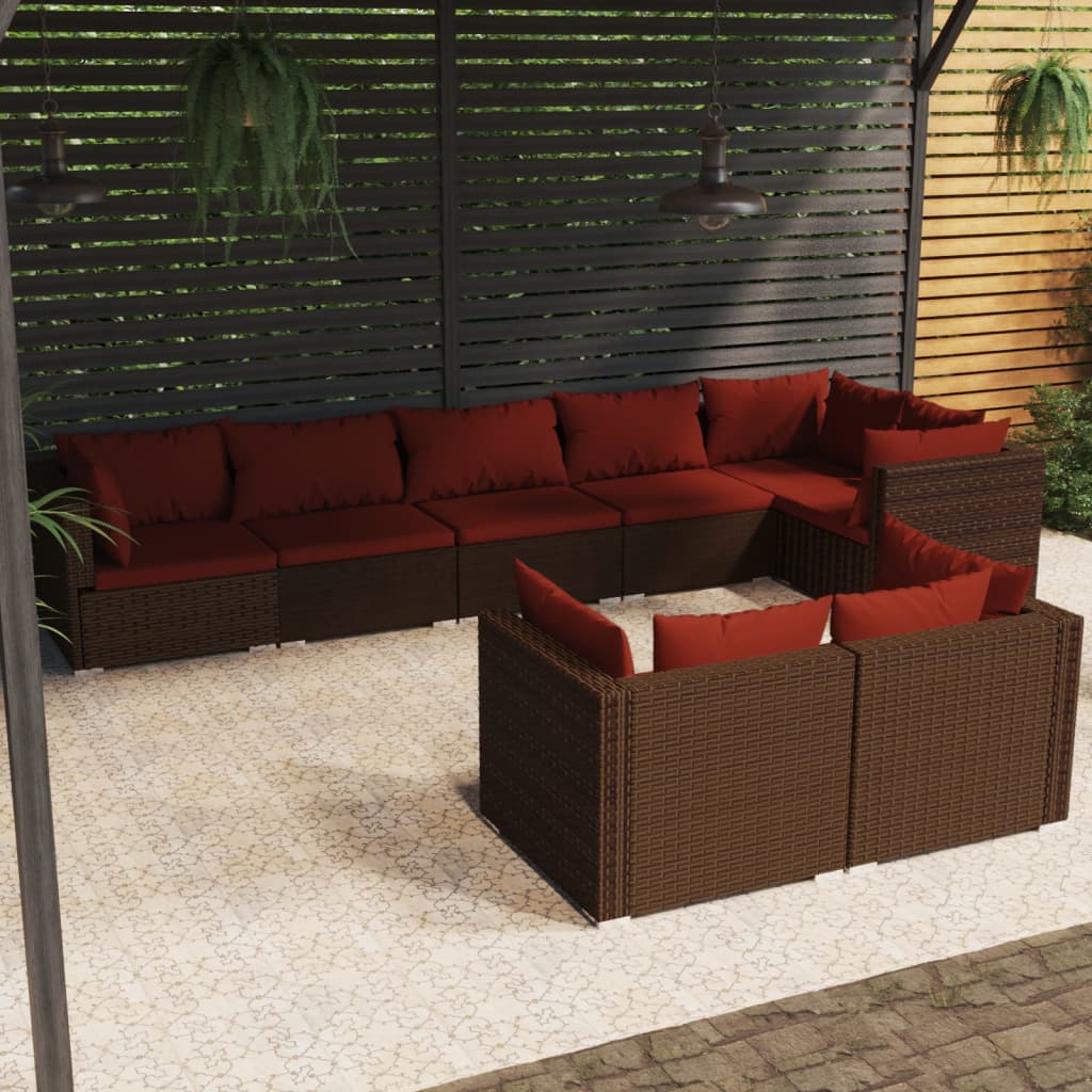 8 Pcs conjunto lounge jardim c/ almofadões vime PE castanho