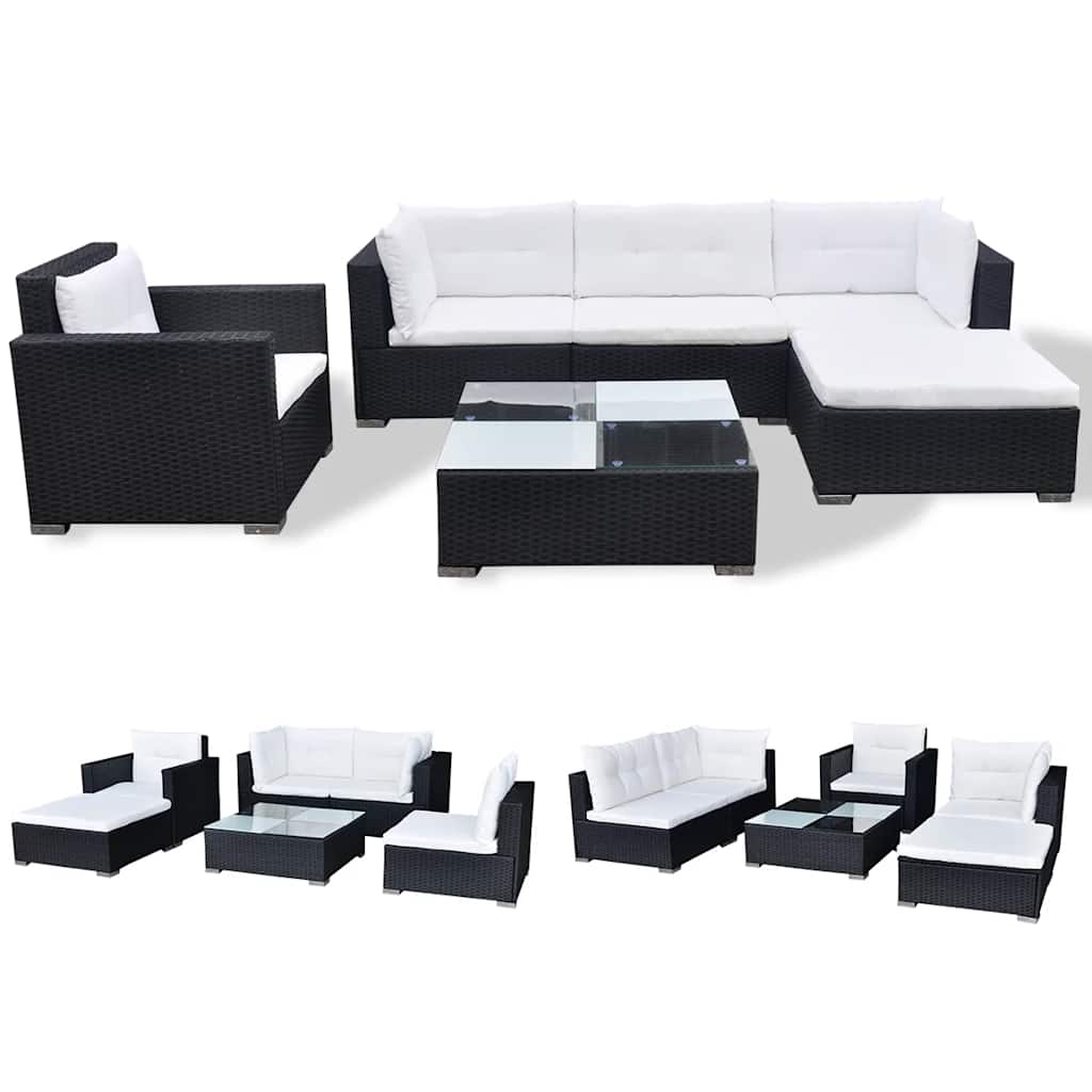 6 Pcs conjunto lounge de jardim c/ almofadões vime PE preto