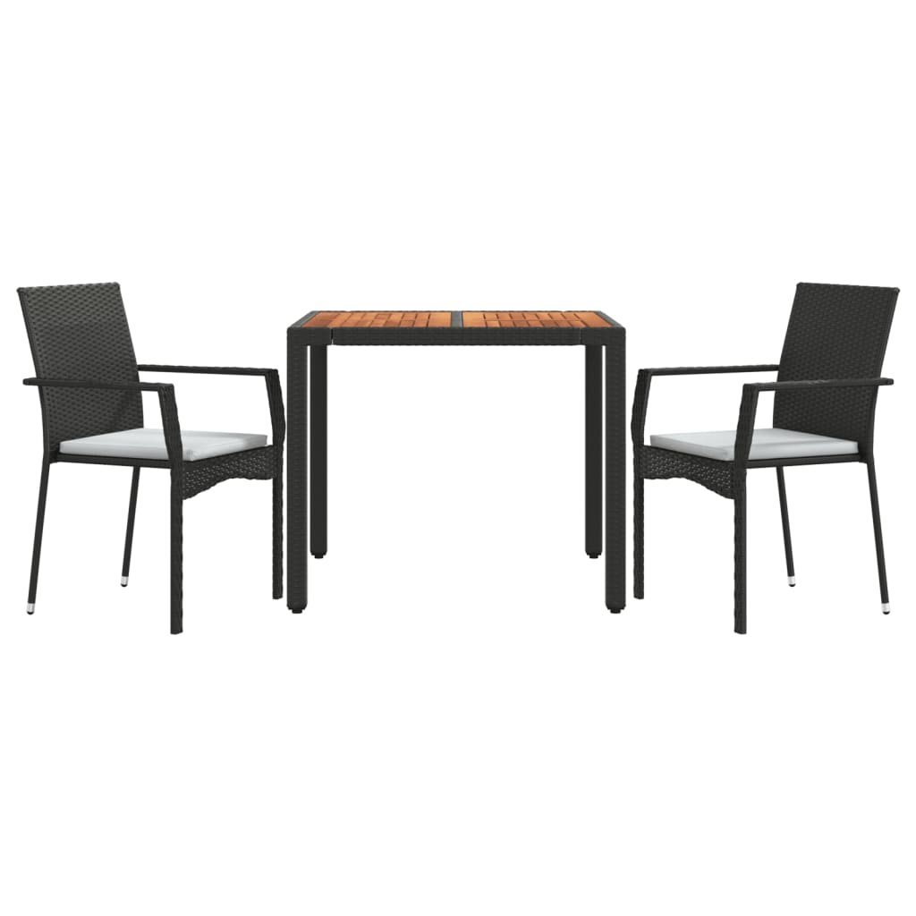 3 Pcs conjunto de jantar p/ jardim c/ almofadões vime PE preto