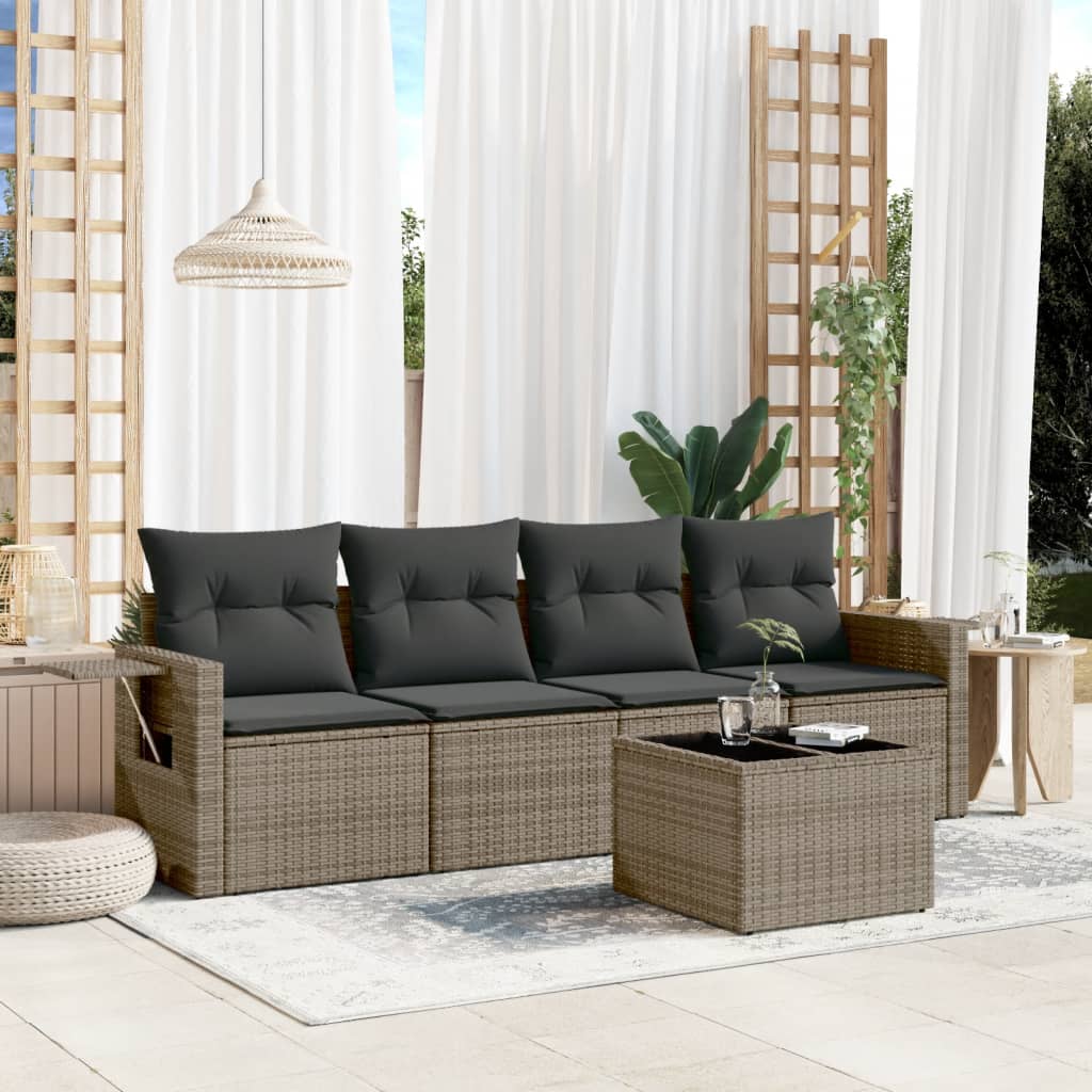 5 Pcs conjunto sofás de jardim c/ almofadões vime PE cinzento