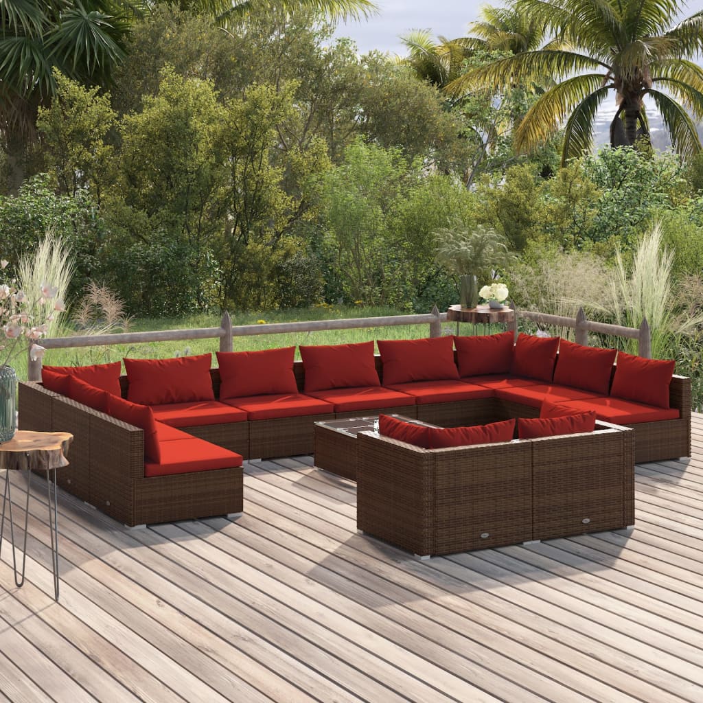 13 Pcs conjunto lounge jardim c/ almofadões vime PE castanho
