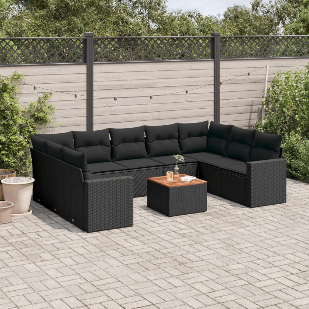 10 Pcs conjunto sofás de jardim c/ almofadões vime PE preto