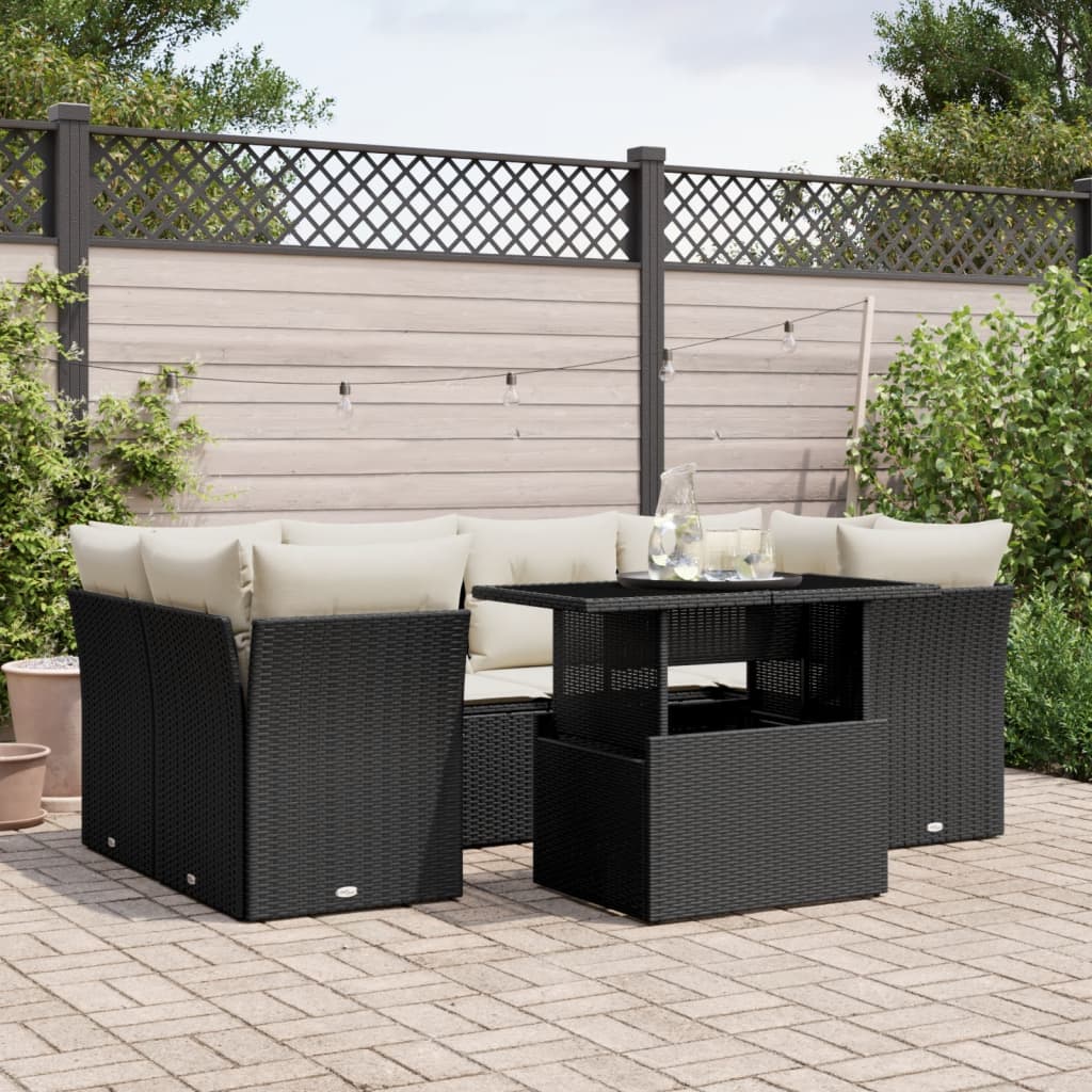 7 Pcs conjunto de sofás p/ jardim c/ almofadões vime PE preto