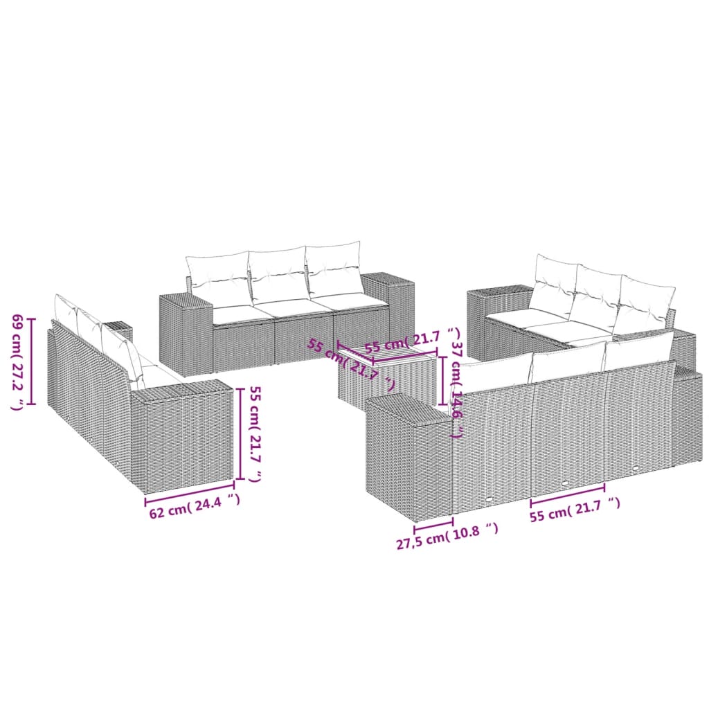 13 Pcs conjunto sofás p/ jardim c/ almofadões vime PE cinzento