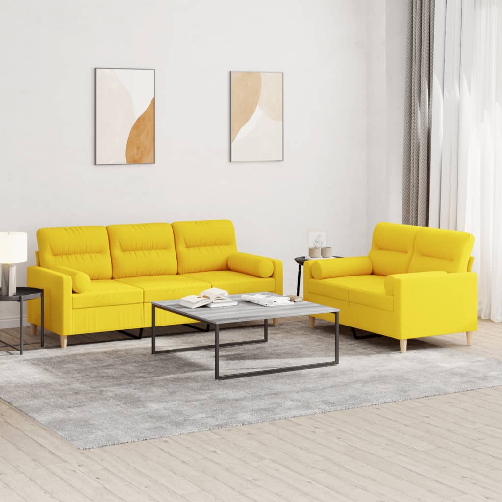 2 Pcs conjunto de sofás com almofadas tecido amarelo-claro