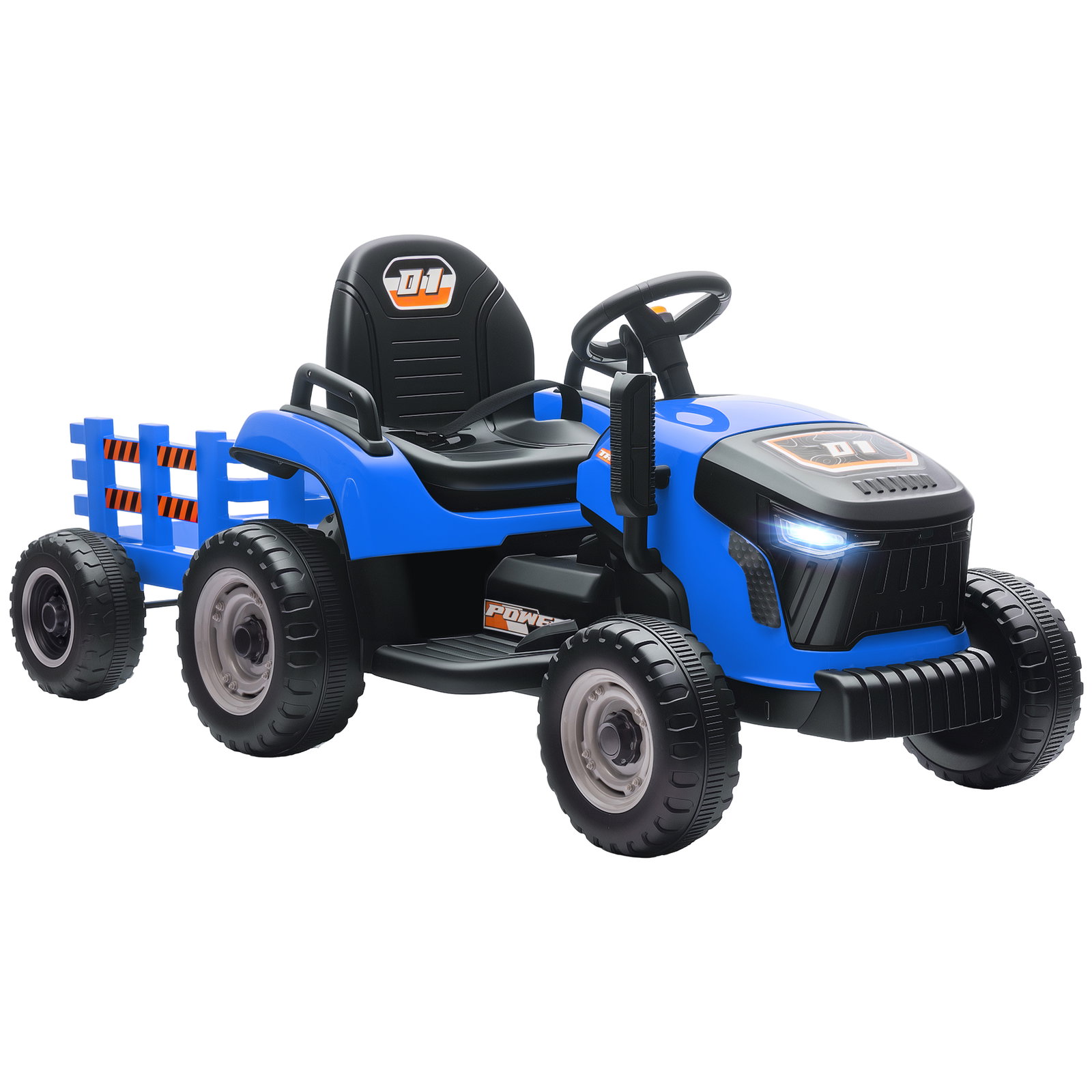 Trator elétrico para crianças com reboque desmontável bateria 12v velocidade 3-5 km/h controle remoto 2,4g 139x58x55 cm azul