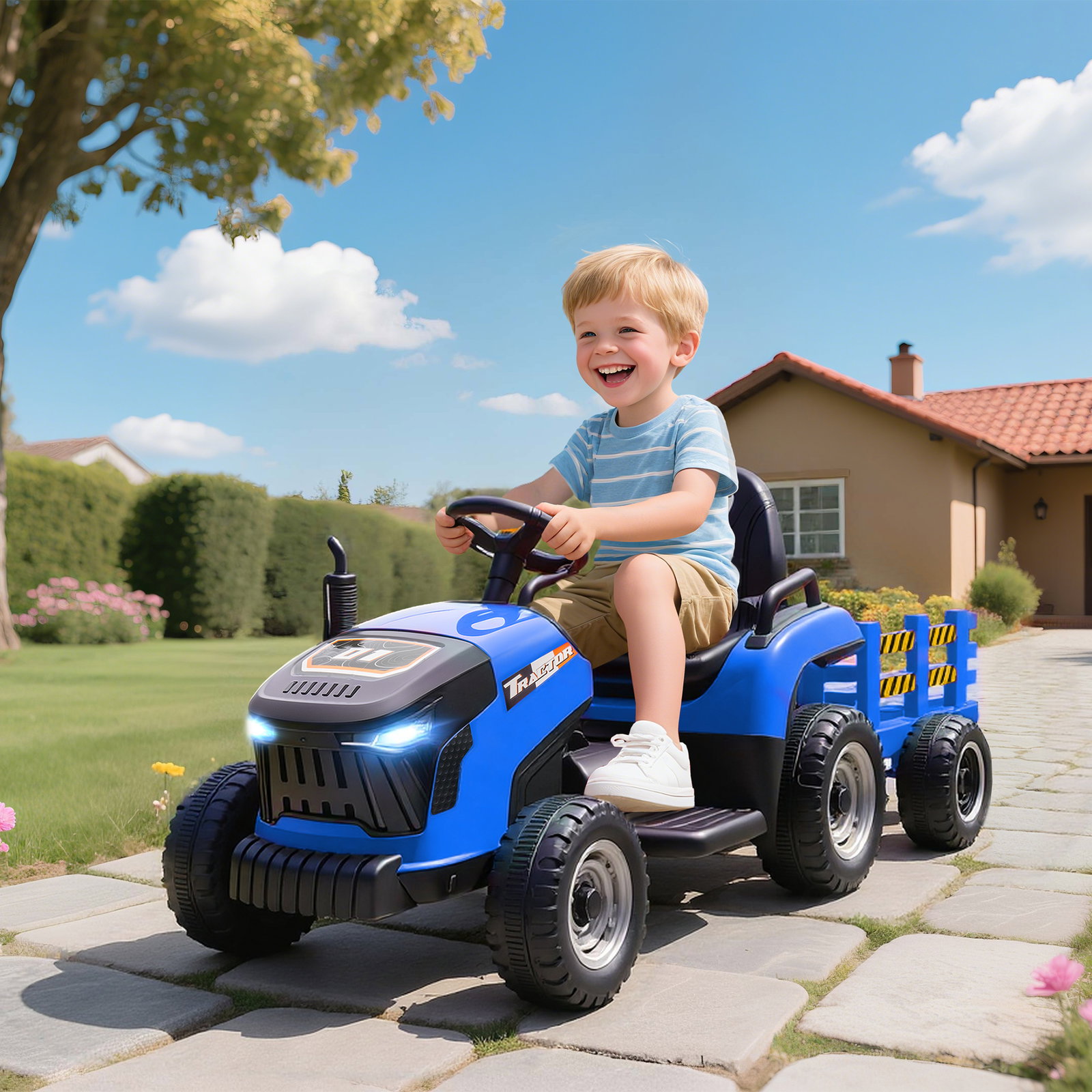 Trator elétrico para crianças com reboque desmontável bateria 12v velocidade 3-5 km/h controle remoto 2,4g 139x58x55 cm azul