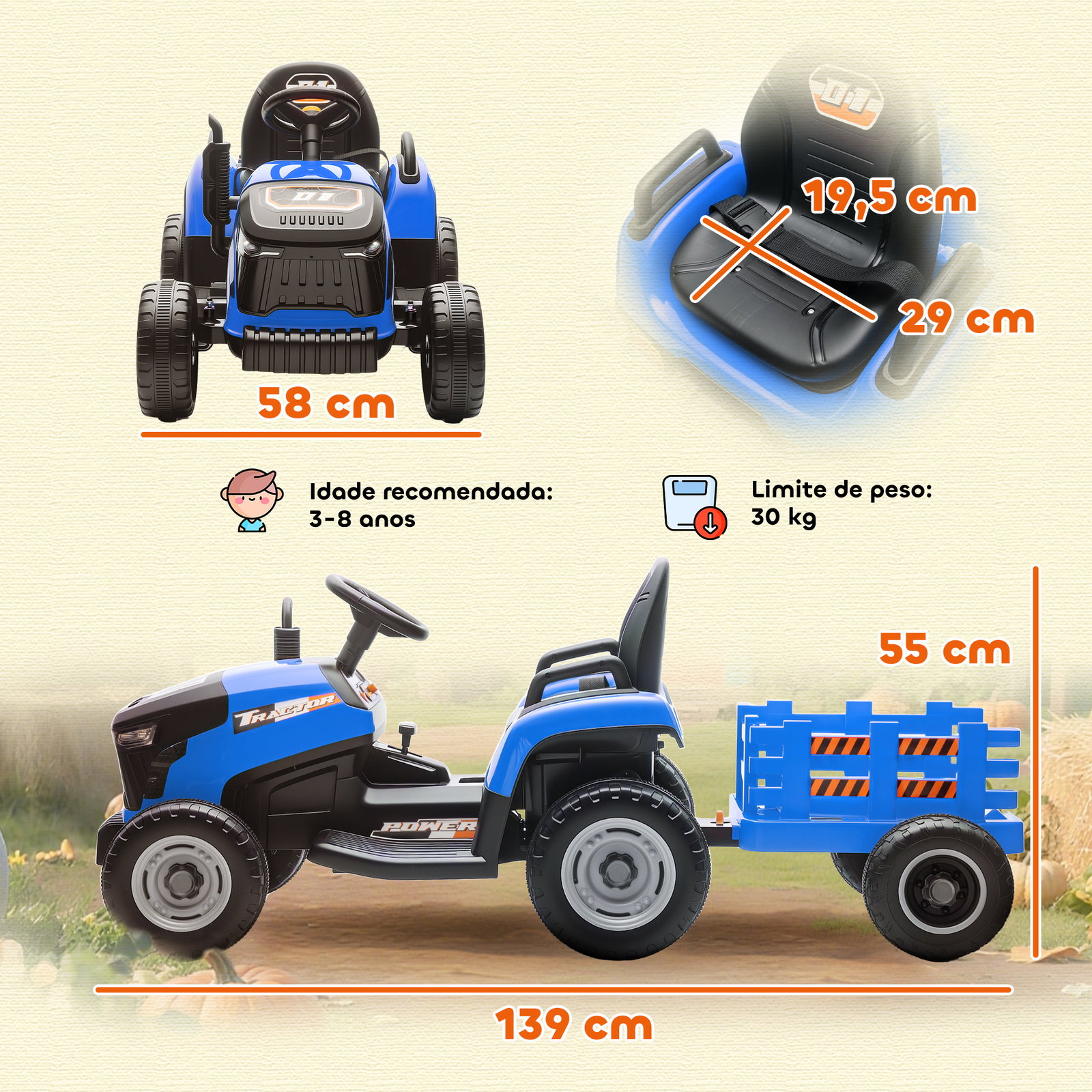 Trator elétrico para crianças com reboque desmontável bateria 12v velocidade 3-5 km/h controle remoto 2,4g 139x58x55 cm azul