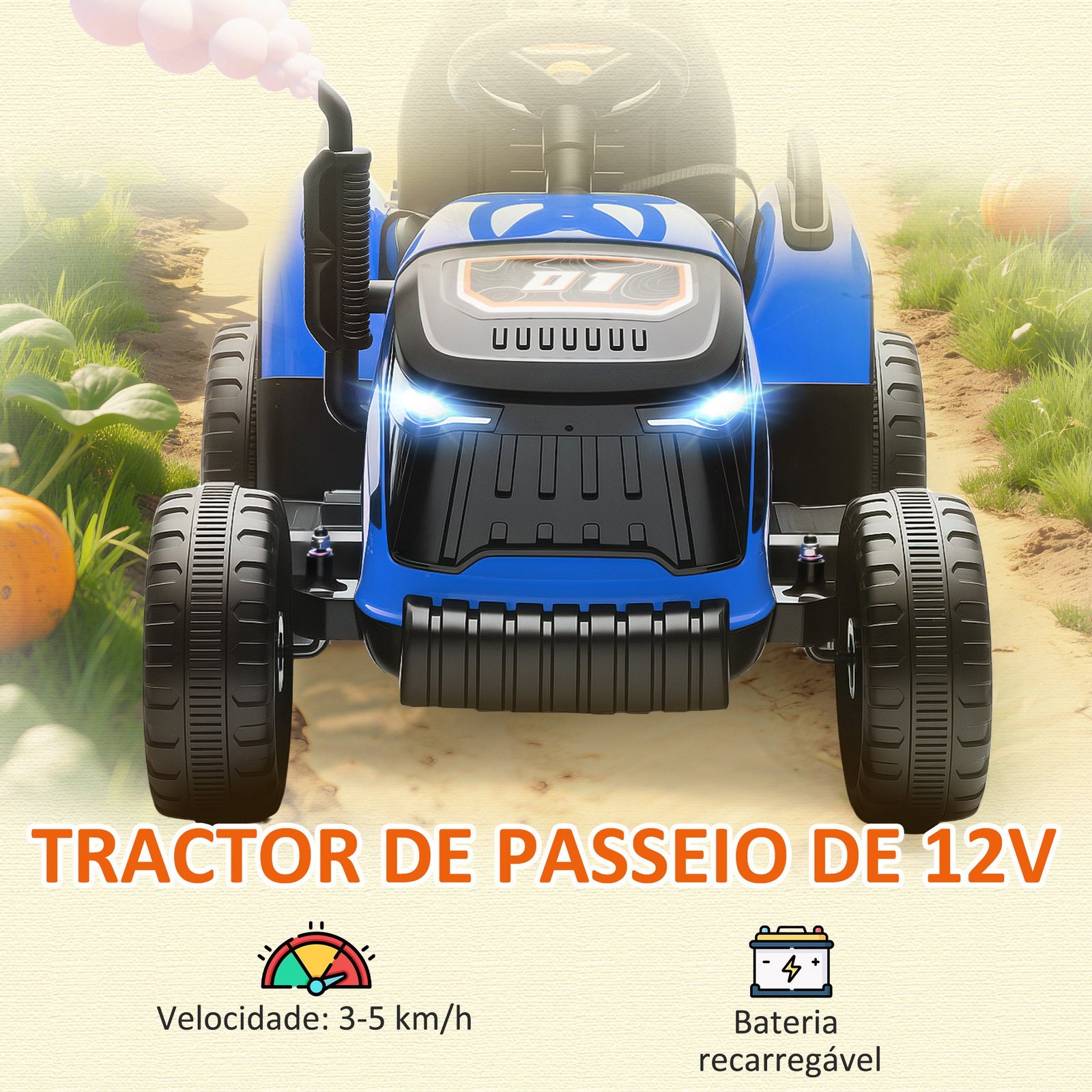 Trator elétrico para crianças com reboque desmontável bateria 12v velocidade 3-5 km/h controle remoto 2,4g 139x58x55 cm azul