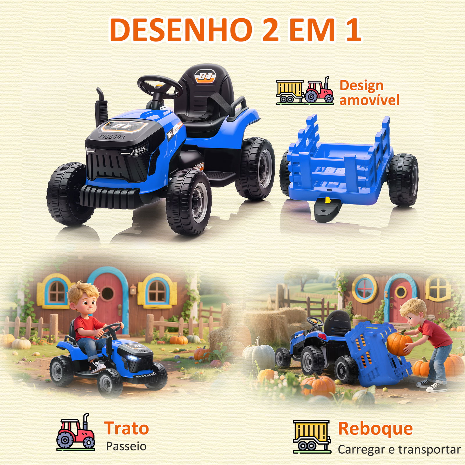 Trator elétrico para crianças com reboque desmontável bateria 12v velocidade 3-5 km/h controle remoto 2,4g 139x58x55 cm azul