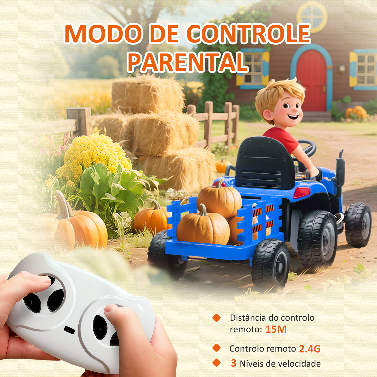 Trator elétrico para crianças com reboque desmontável bateria 12v velocidade 3-5 km/h controle remoto 2,4g 139x58x55 cm azul