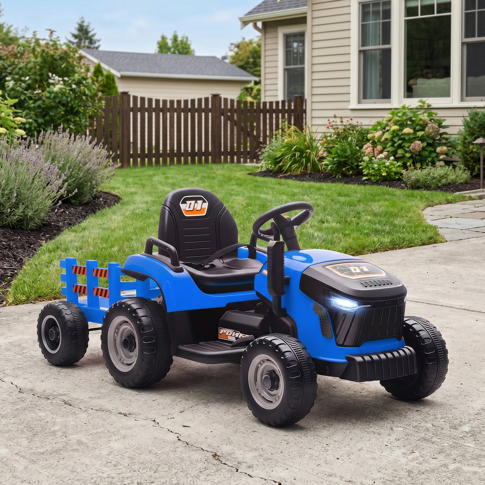 Trator elétrico para crianças com reboque desmontável bateria 12v velocidade 3-5 km/h controle remoto 2,4g 139x58x55 cm azul