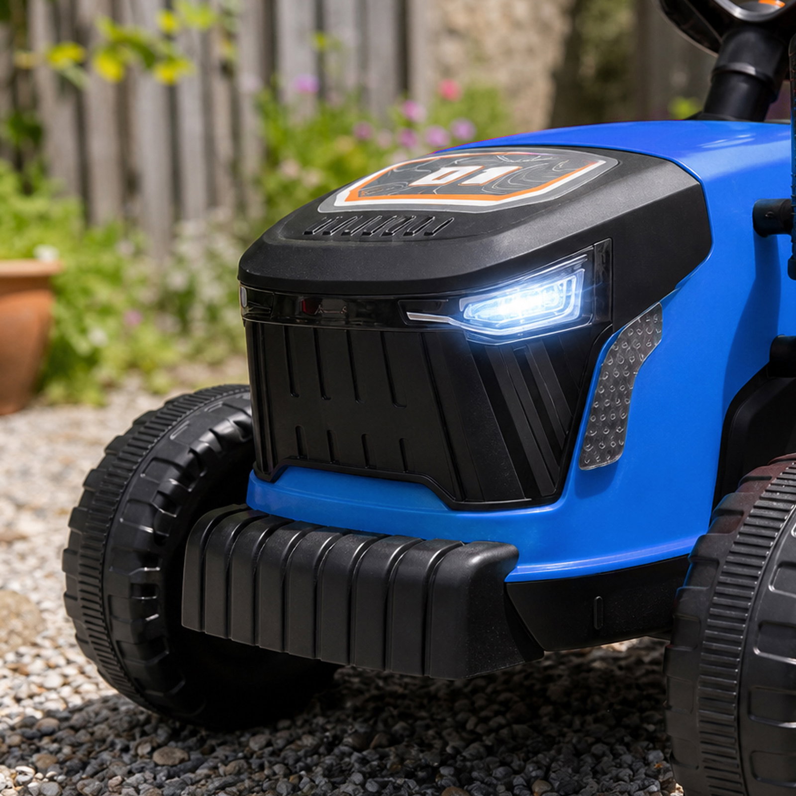 Trator elétrico para crianças com reboque desmontável bateria 12v velocidade 3-5 km/h controle remoto 2,4g 139x58x55 cm azul