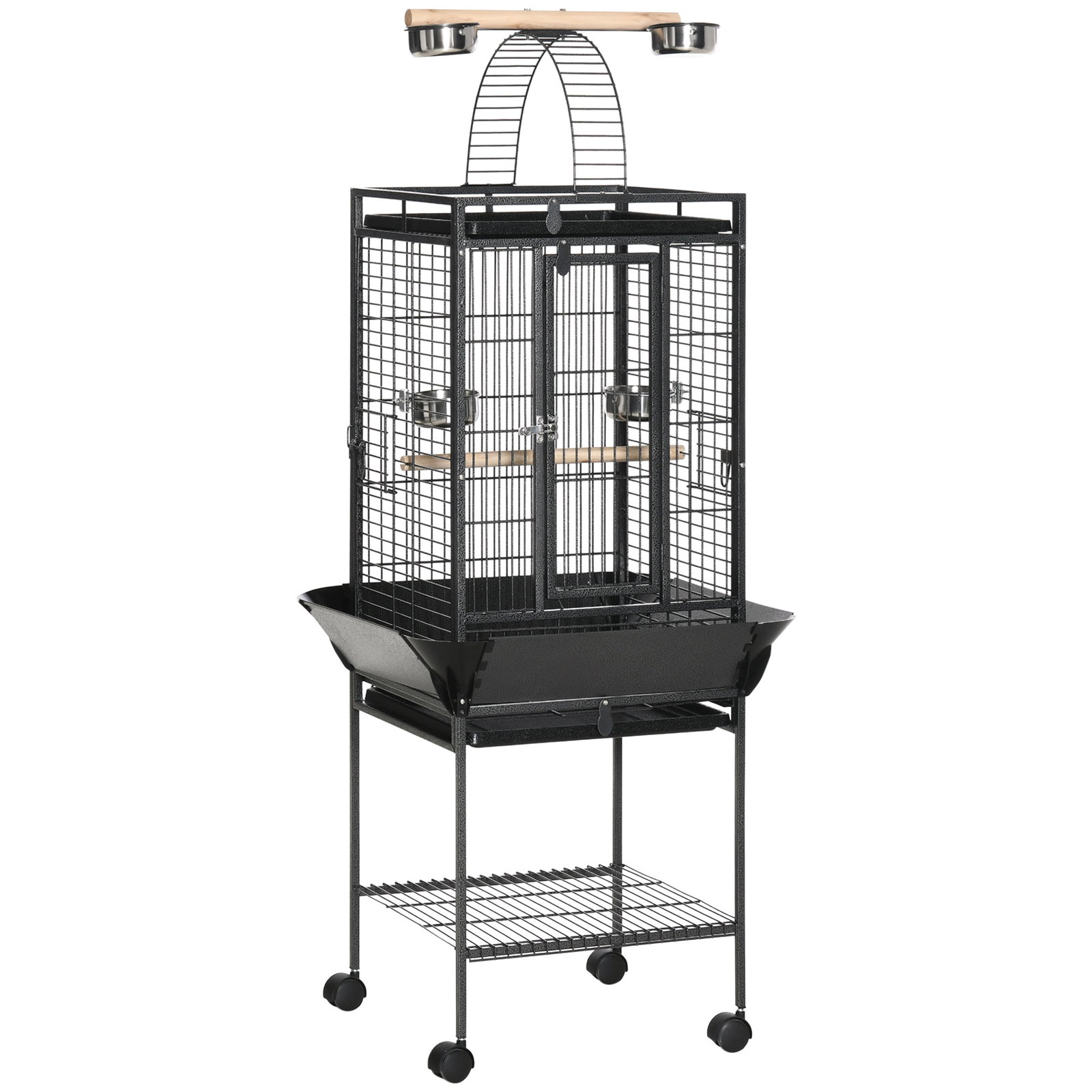 Gaiola para Pássaros com Suporte e Rodas 62,5x62,5x156cm Gaiola Metálica para Aves com Ponte de Arco 2 Poleiros 4 Comedouros 2 B
