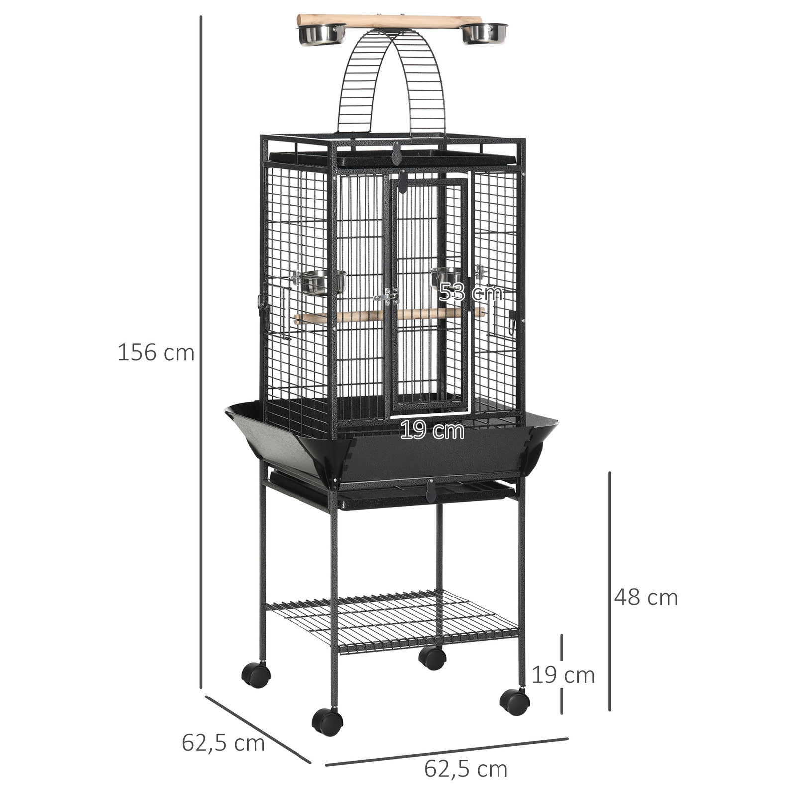 Gaiola para Pássaros com Suporte e Rodas 62,5x62,5x156cm Gaiola Metálica para Aves com Ponte de Arco 2 Poleiros 4 Comedouros 2 B