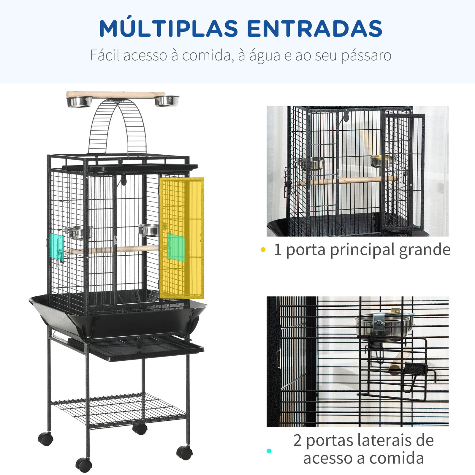 Gaiola para Pássaros com Suporte e Rodas 62,5x62,5x156cm Gaiola Metálica para Aves com Ponte de Arco 2 Poleiros 4 Comedouros 2 B
