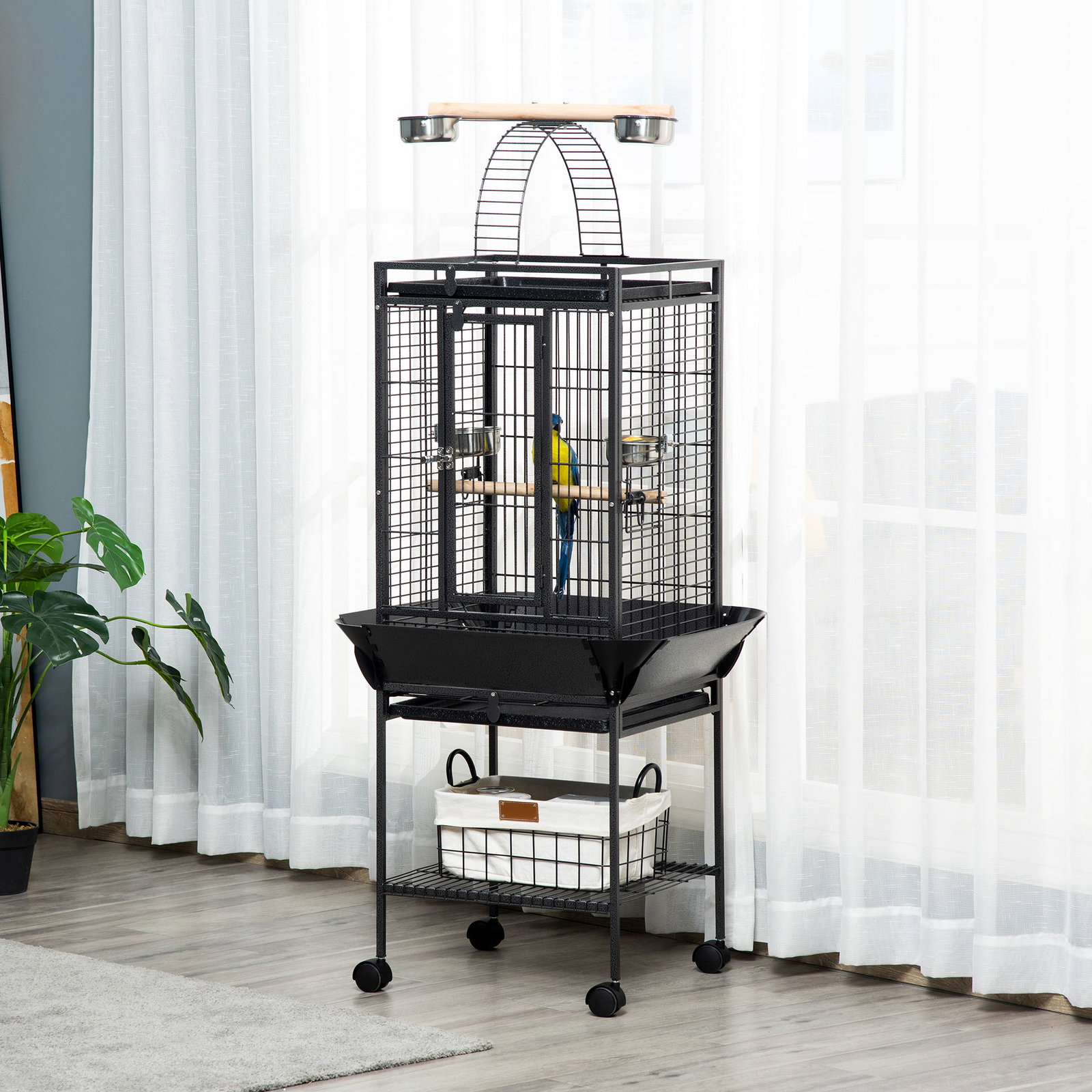 Gaiola para Pássaros com Suporte e Rodas 62,5x62,5x156cm Gaiola Metálica para Aves com Ponte de Arco 2 Poleiros 4 Comedouros 2 B