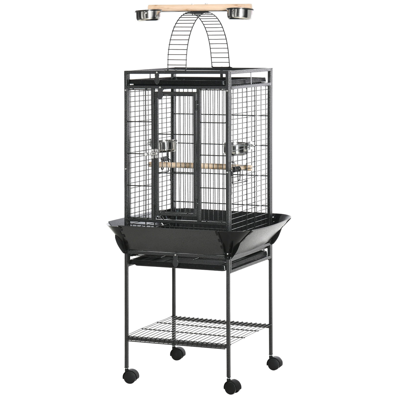Gaiola para Pássaros com Suporte e Rodas 62,5x62,5x156cm Gaiola Metálica para Aves com Ponte de Arco 2 Poleiros 4 Comedouros 2 B