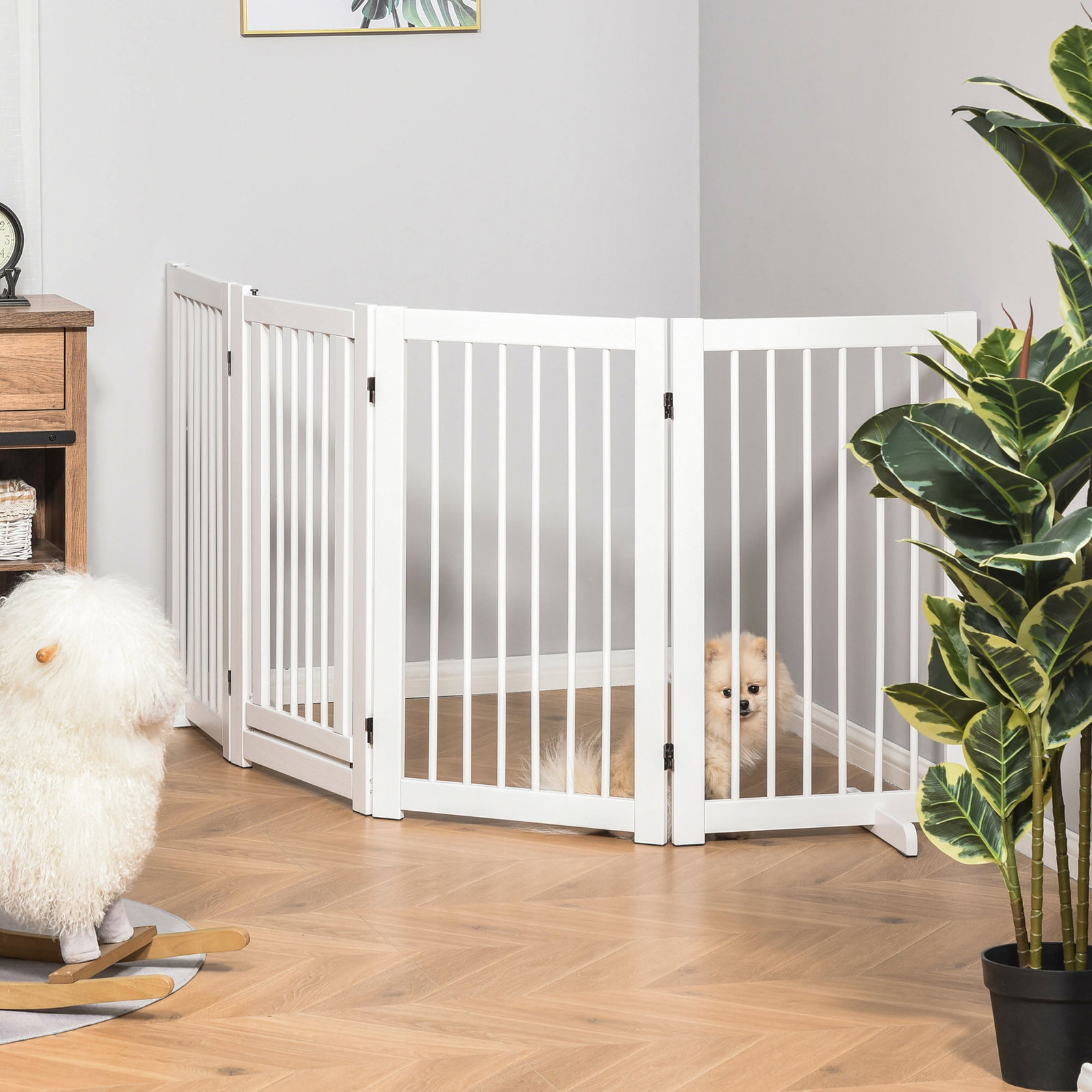 Barreira de segurança para cães em madeira dobrável para escadas e portas para cães pequenos e médios de 4 painéis 204x36x75 cm branco