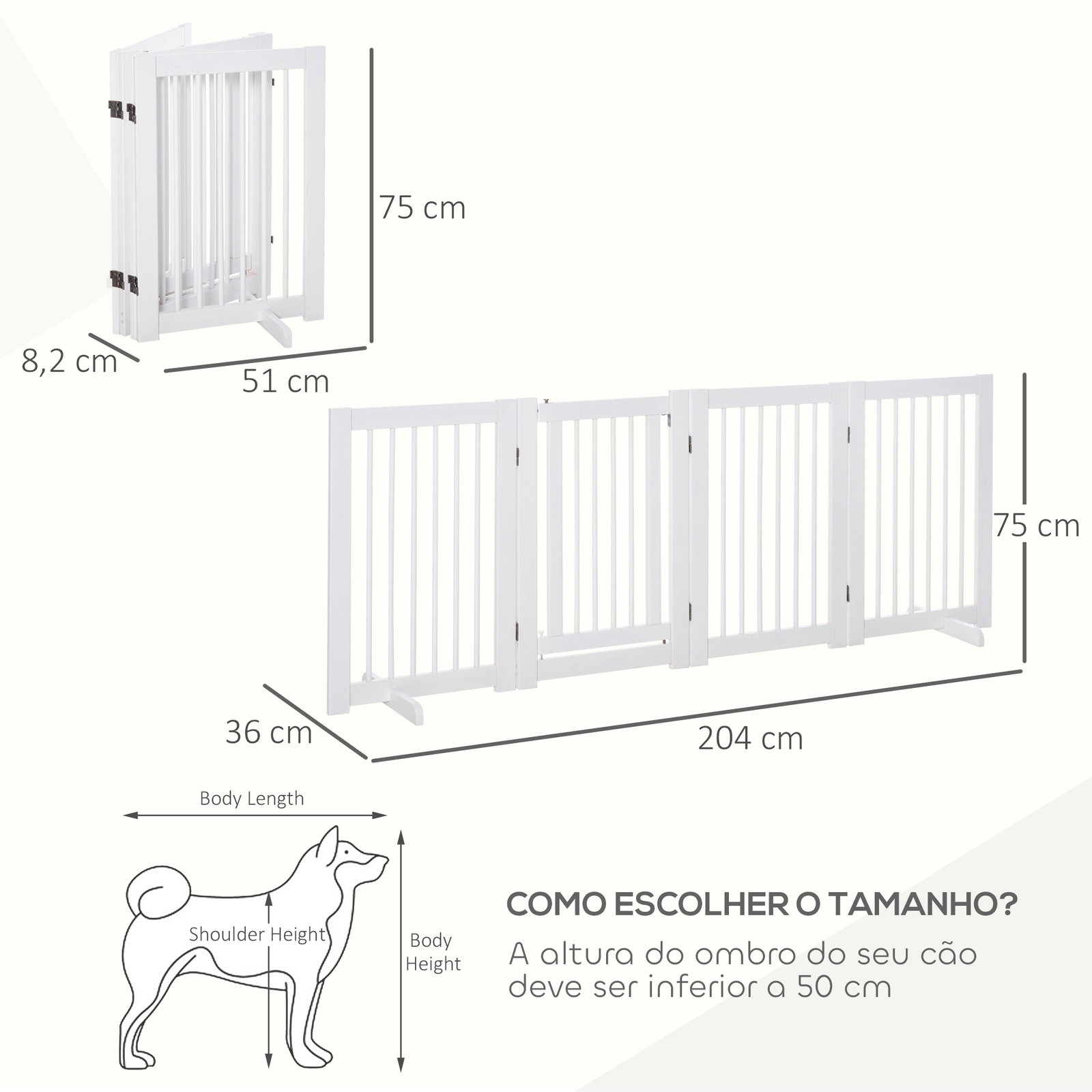 Barreira de segurança para cães em madeira dobrável para escadas e portas para cães pequenos e médios de 4 painéis 204x36x75 cm branco