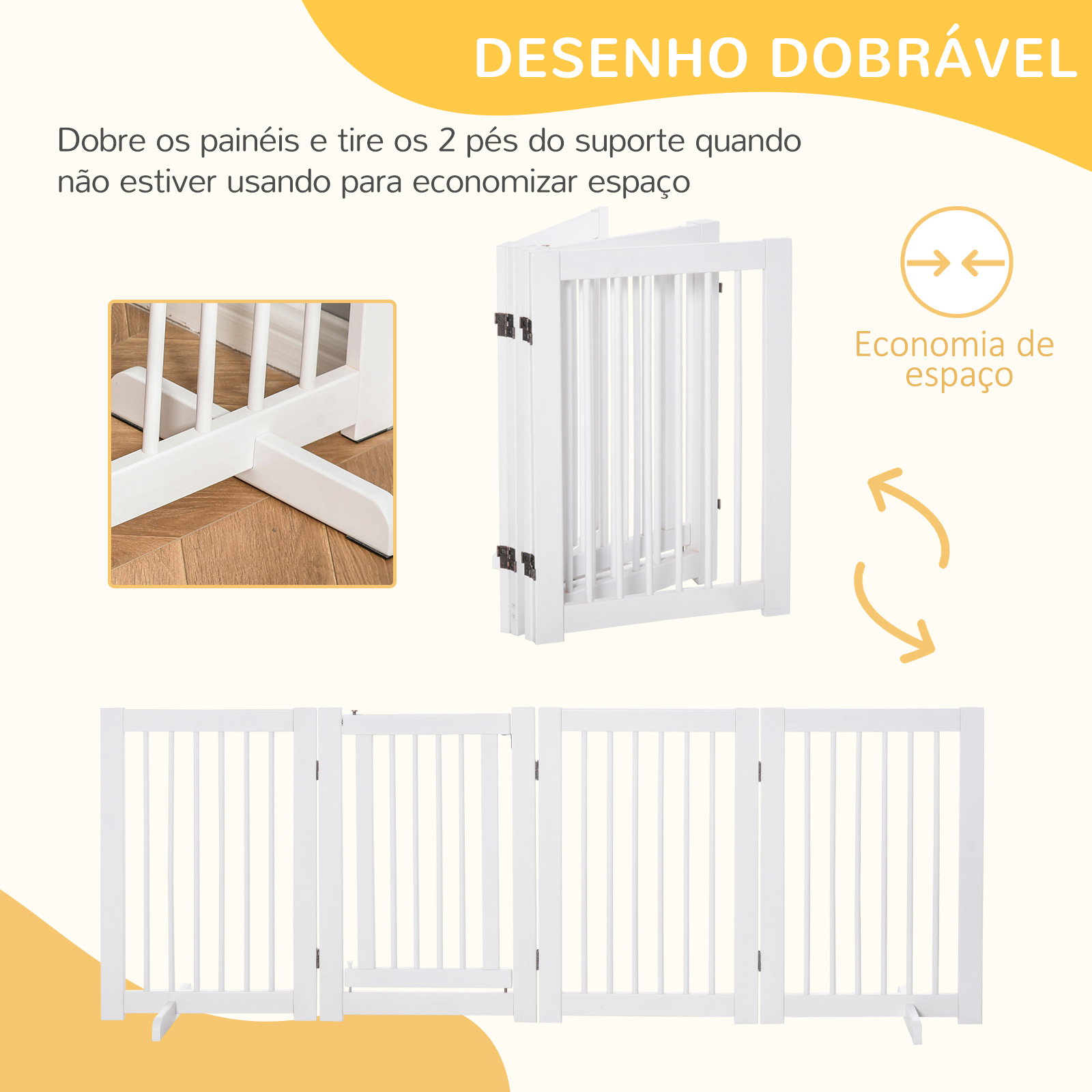 Barreira de segurança para cães em madeira dobrável para escadas e portas para cães pequenos e médios de 4 painéis 204x36x75 cm branco