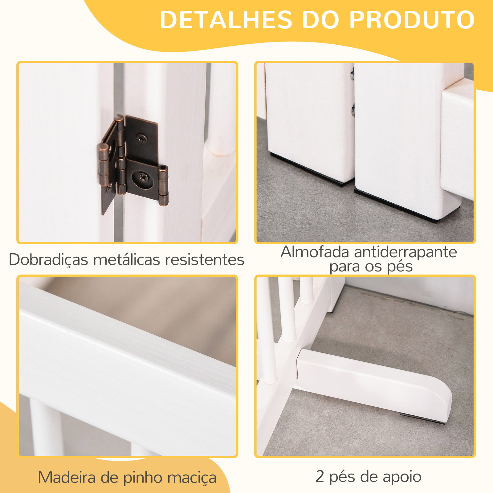 Barreira de segurança para cães em madeira dobrável para escadas e portas para cães pequenos e médios de 4 painéis 204x36x75 cm branco