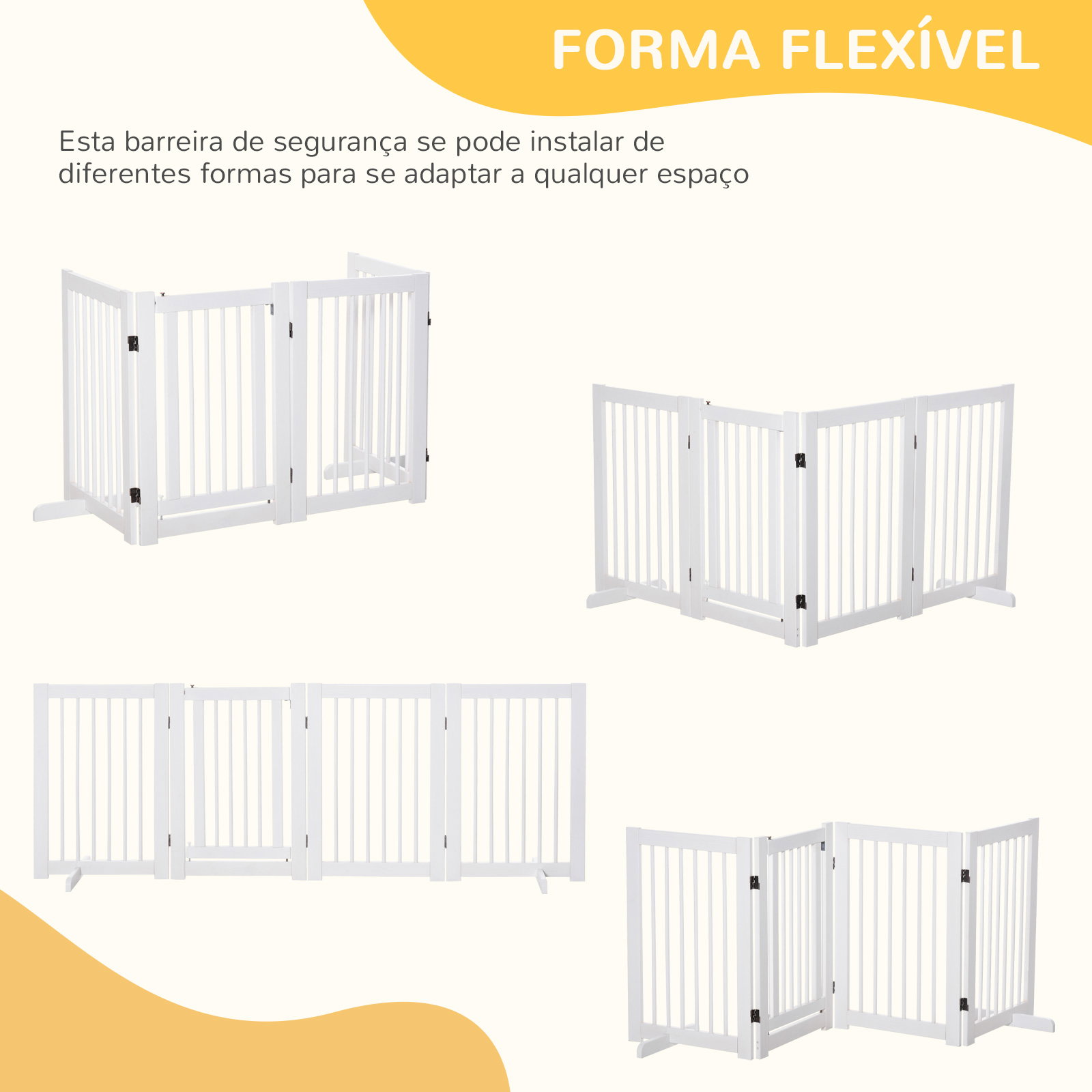 Barreira de segurança para cães em madeira dobrável para escadas e portas para cães pequenos e médios de 4 painéis 204x36x75 cm branco