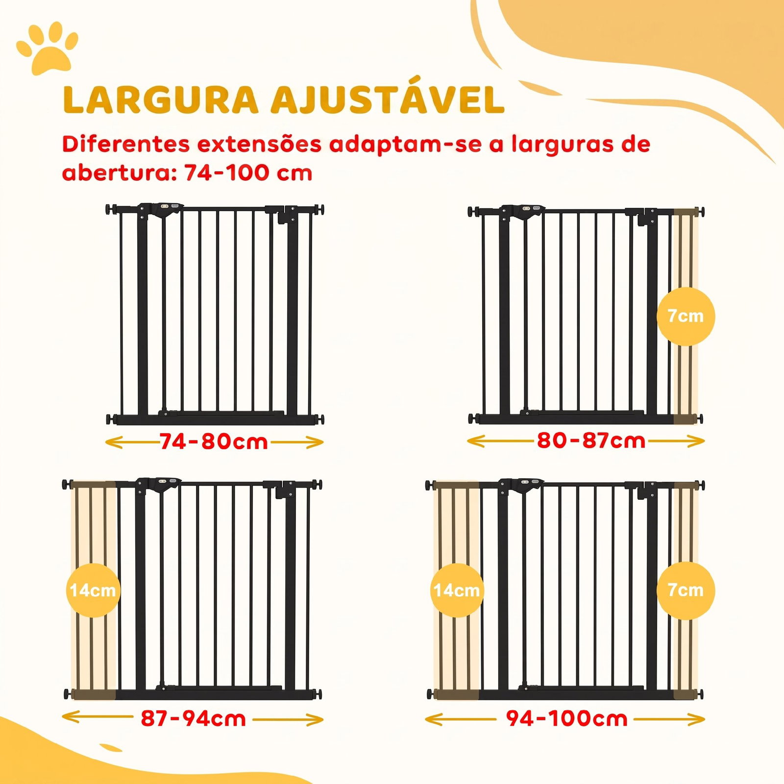 Barreira de segurança para cães 74-100 cm com extensões, montagem por pressão e duplo bloqueio, preto