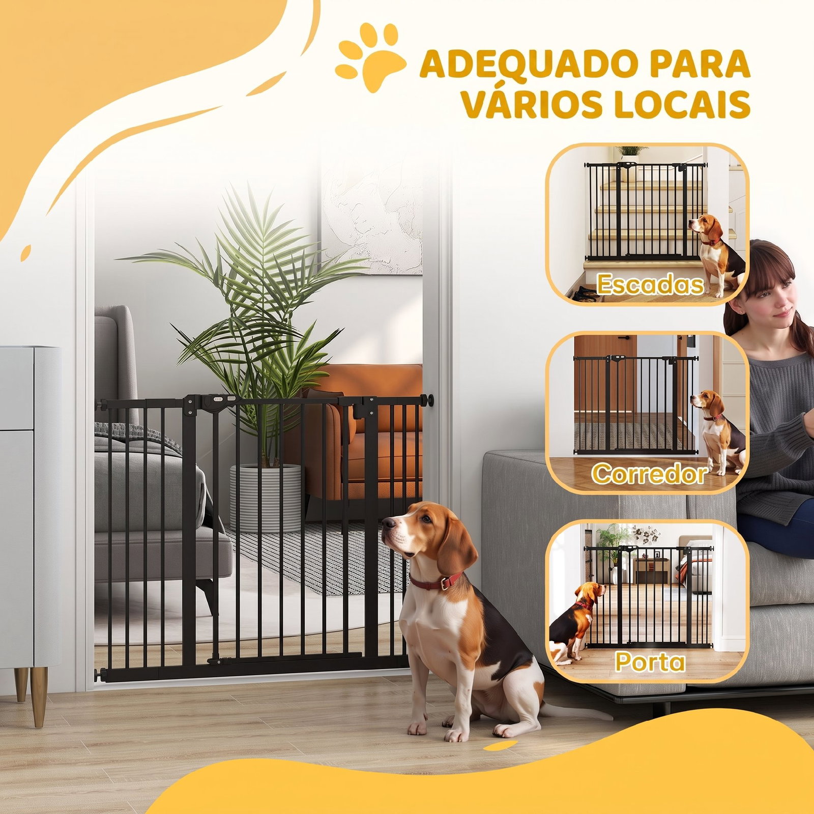 Barreira de segurança para cães 74-100 cm com extensões, montagem por pressão e duplo bloqueio, preto