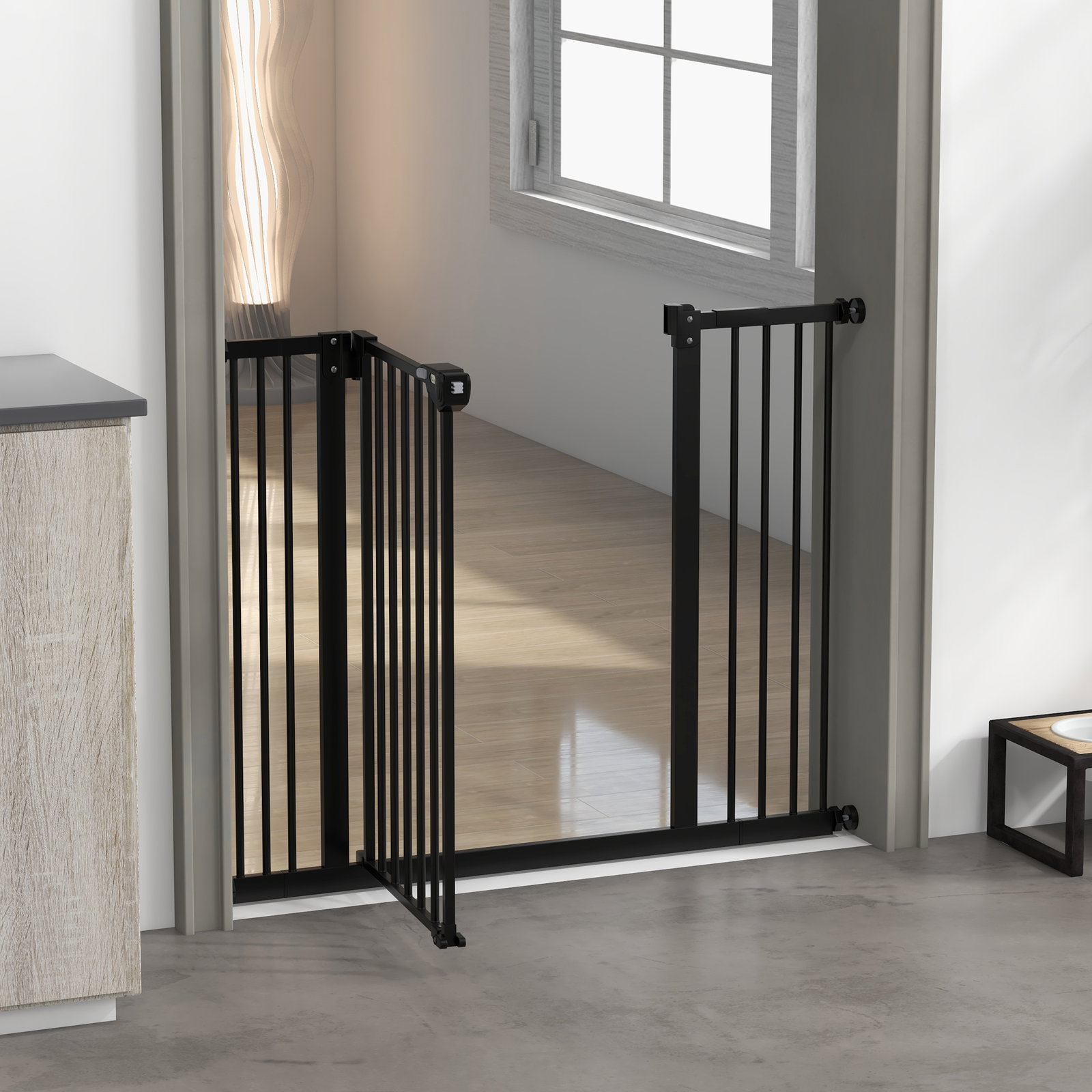 Barreira de segurança para cães 74-100 cm com extensões, montagem por pressão e duplo bloqueio, preto