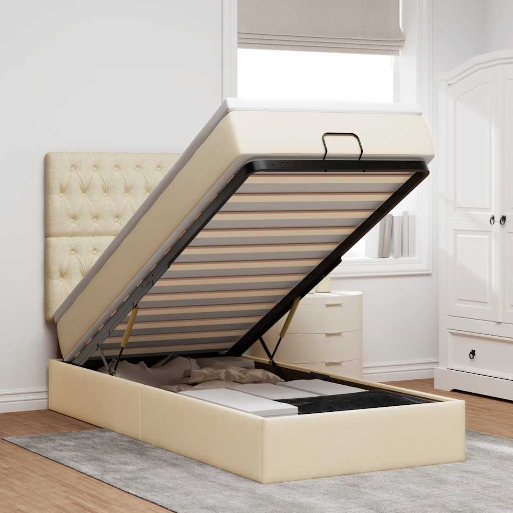 Cama otomana com colchão & leds 90x200 cm tecido creme