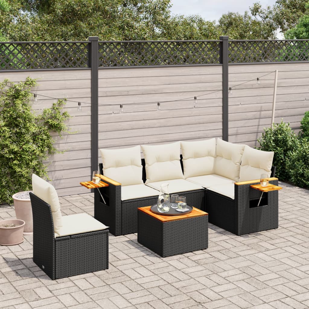6 Pcs conjunto sofás de jardim c/ almofadões vime PE preto