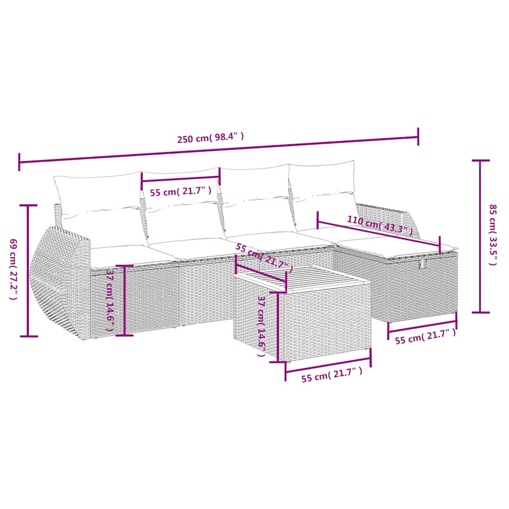 6 Pcs conjunto sofás de jardim c/ almofadões vime PE preto