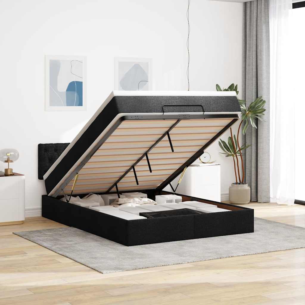 Cama otomana com colchão 140x190 cm tecido preto
