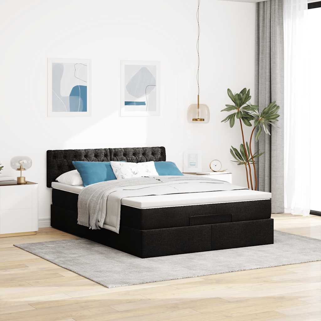 Cama otomana com colchão 140x190 cm tecido preto