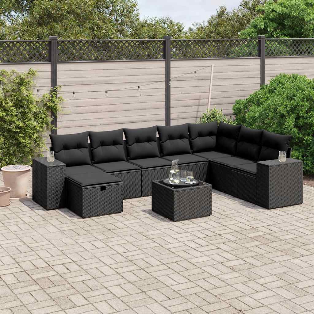 9 Pcs conjunto de sofás p/ jardim c/ almofadões vime PE preto