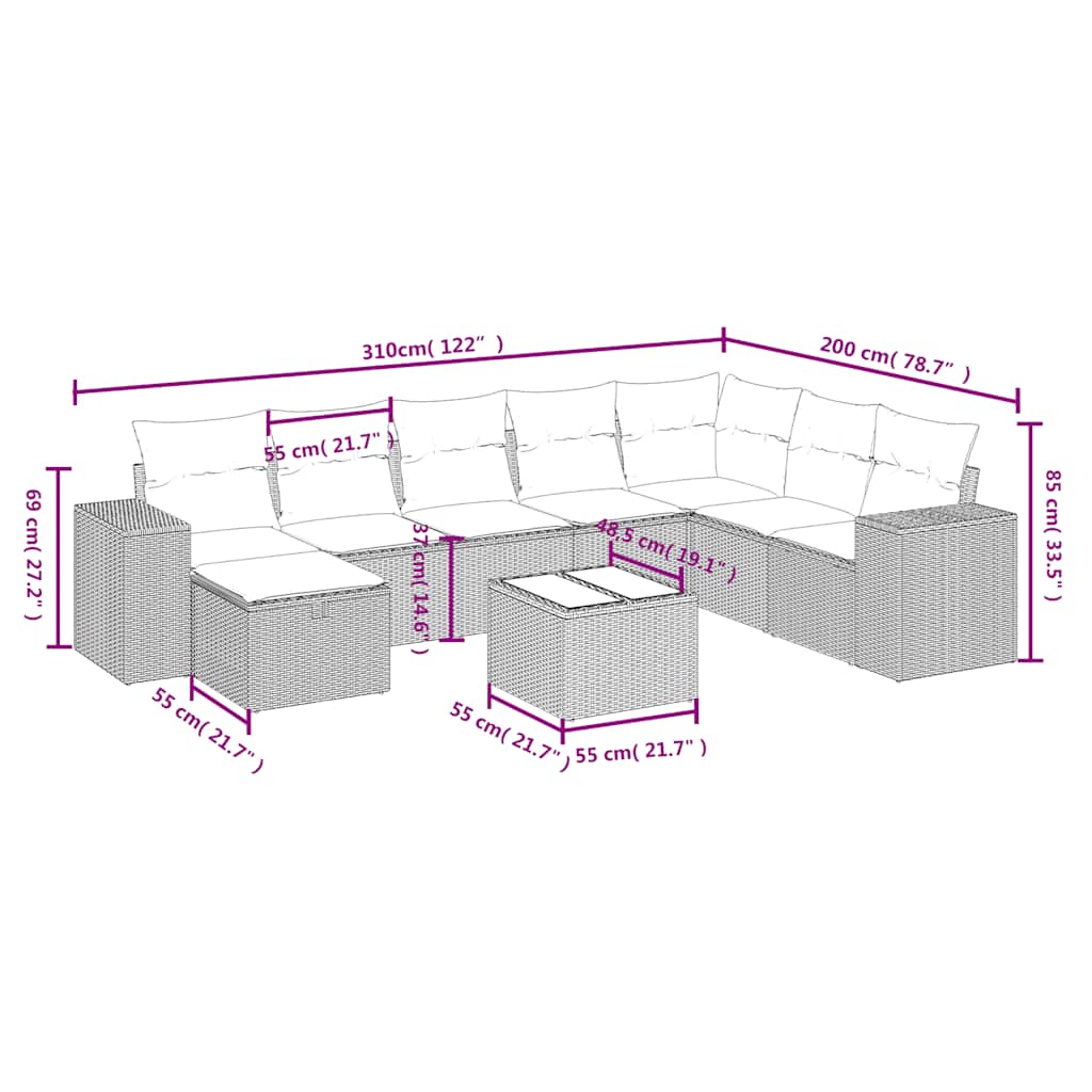 9 Pcs conjunto de sofás p/ jardim c/ almofadões vime PE preto