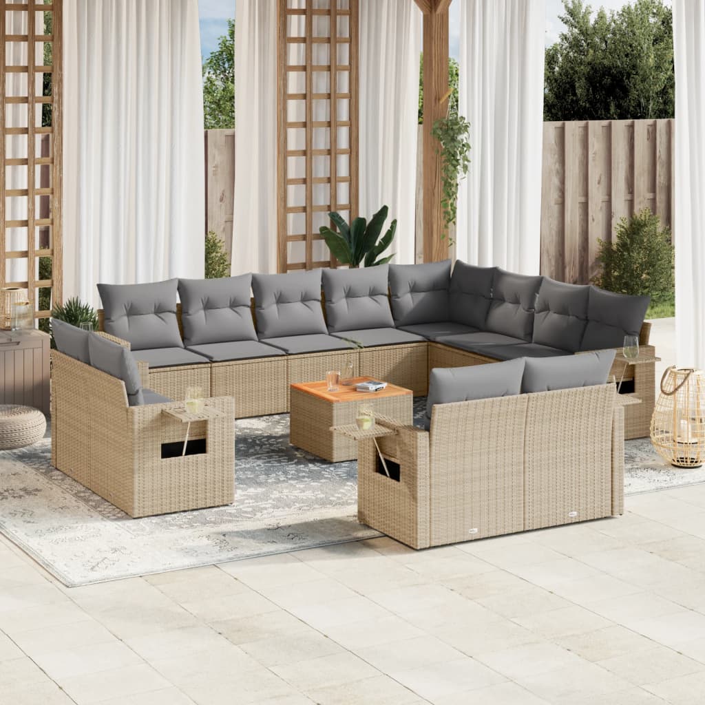 13 Pcs conjunto de sofás p/ jardim com almofadões vime PE bege