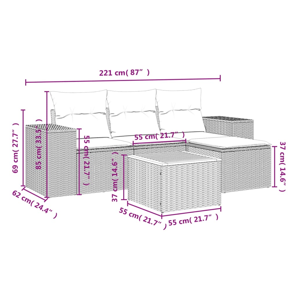 5 Pcs conjunto sofás de jardim c/ almofadões vime PE cinzento