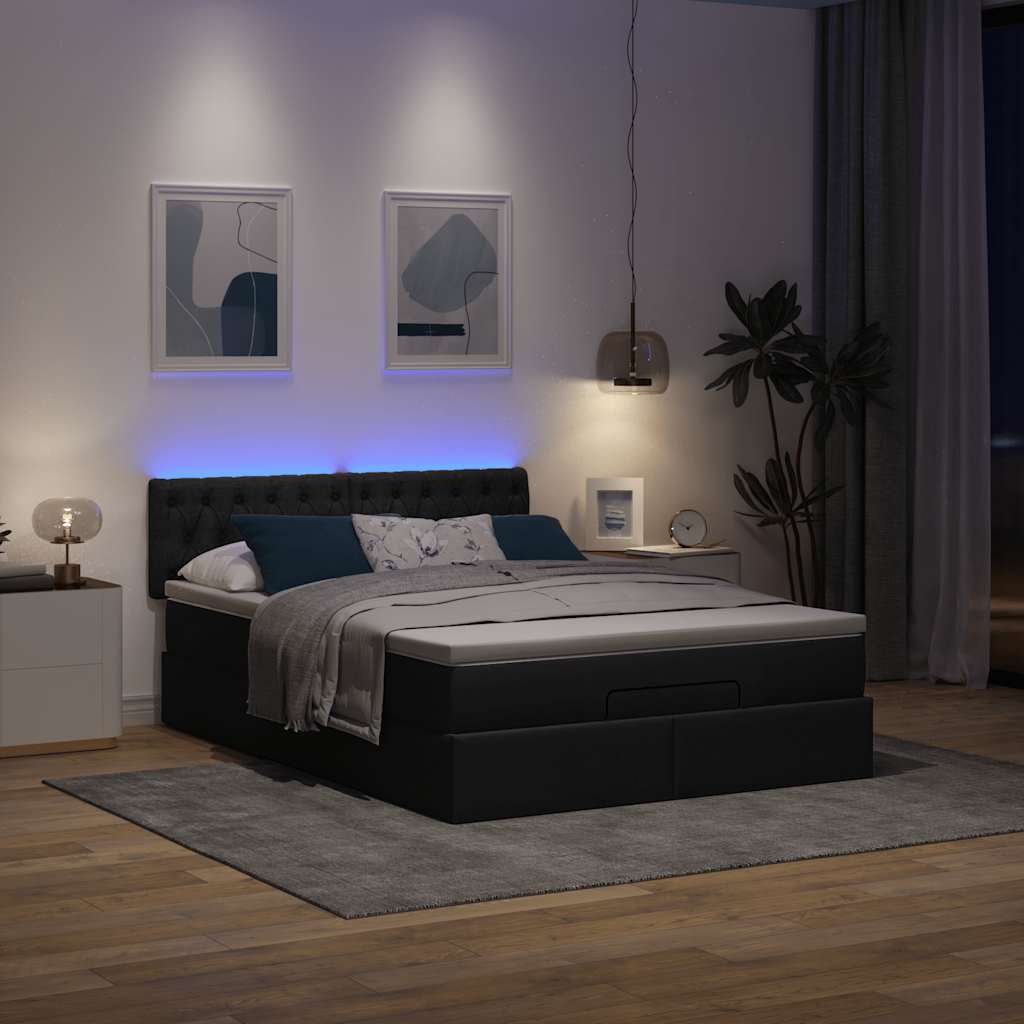 Cama otomana com colchão & leds preto 140x200 cm tecido