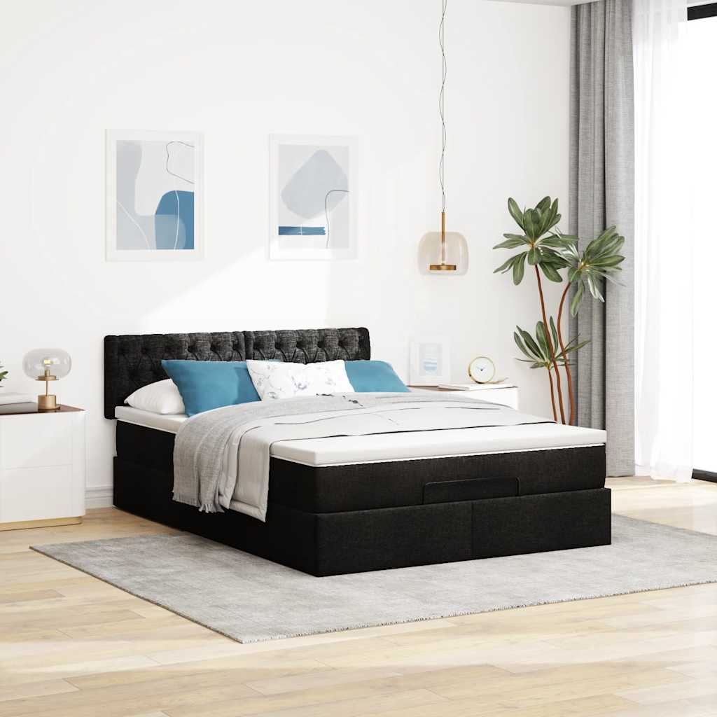 Cama otomana com colchão & leds preto 140x200 cm tecido