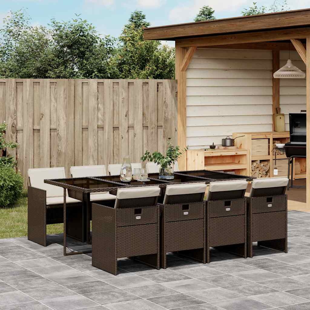 9 Pcs conjunto jantar p/ jardim c/ almofadões vime PE castanho
